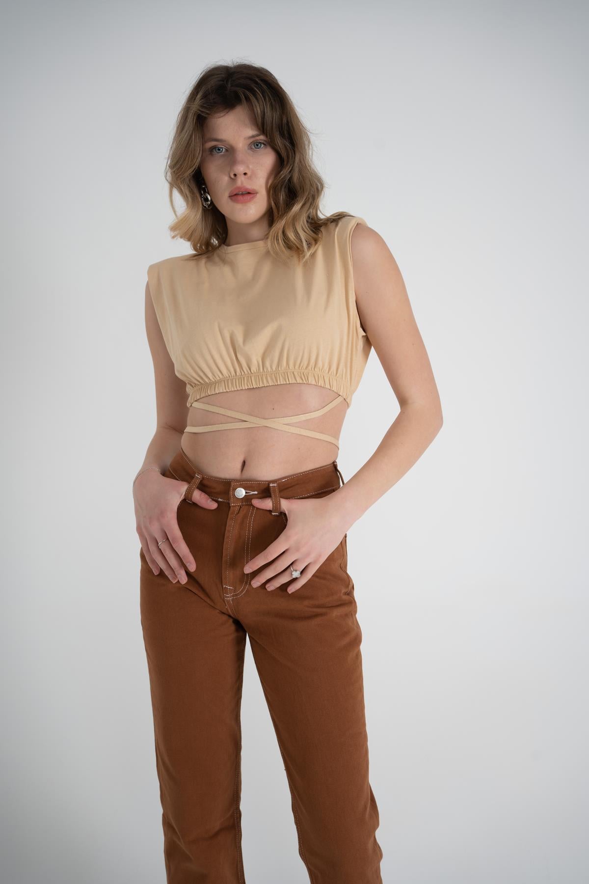 Image of Bel Bağlamalı Crop Candy Tshirt Bej