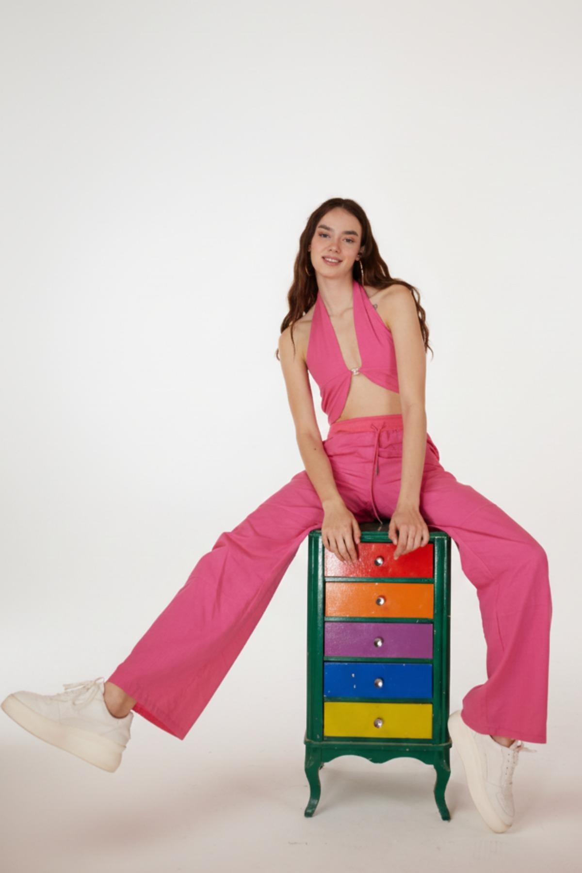 Image of Koton Kumaş Kayışlı Bol Kesim Rise Pantolon Pembe
