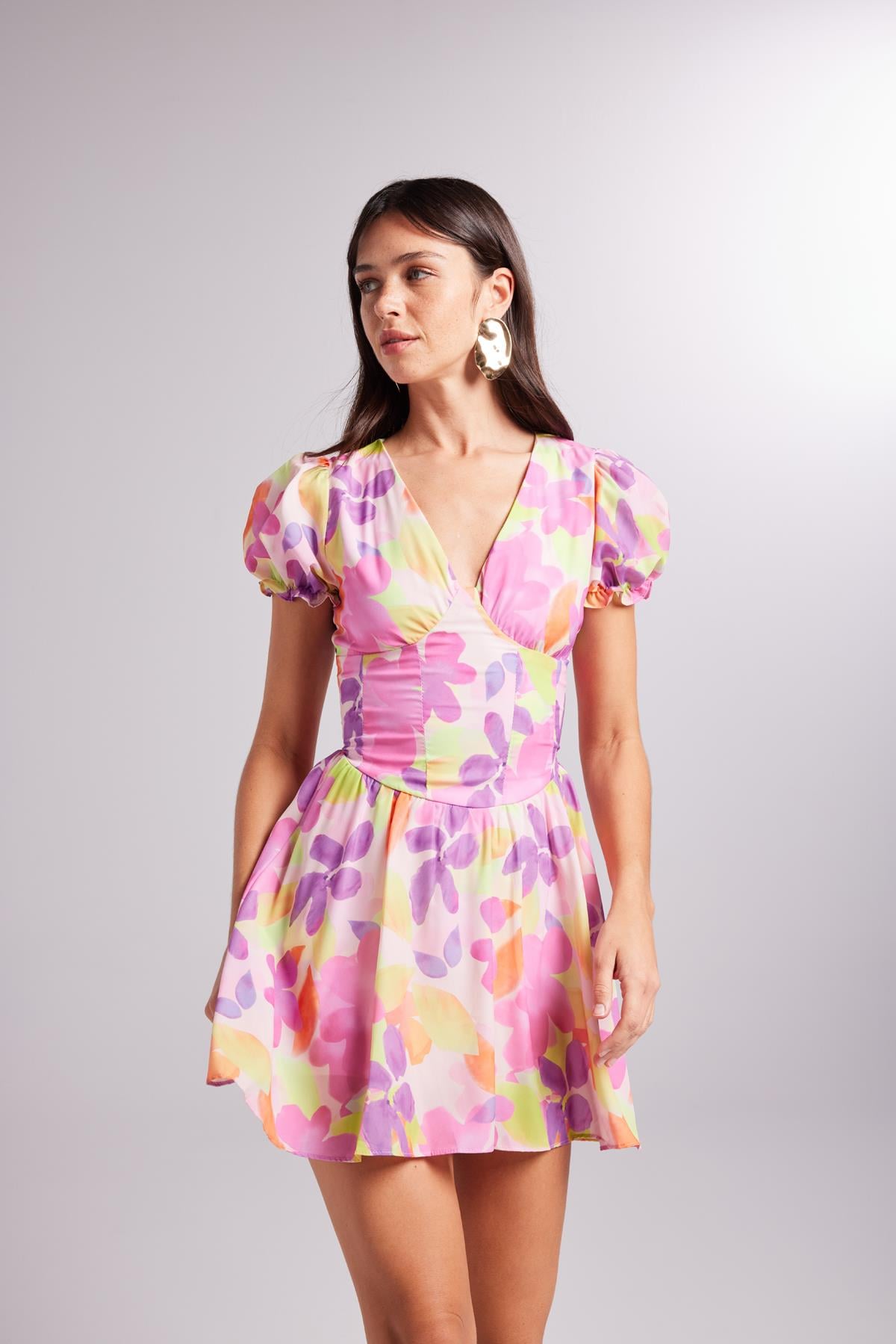 Image of Beli Korse Detaylı Çiçekli Mini Manica Elbise Pembe