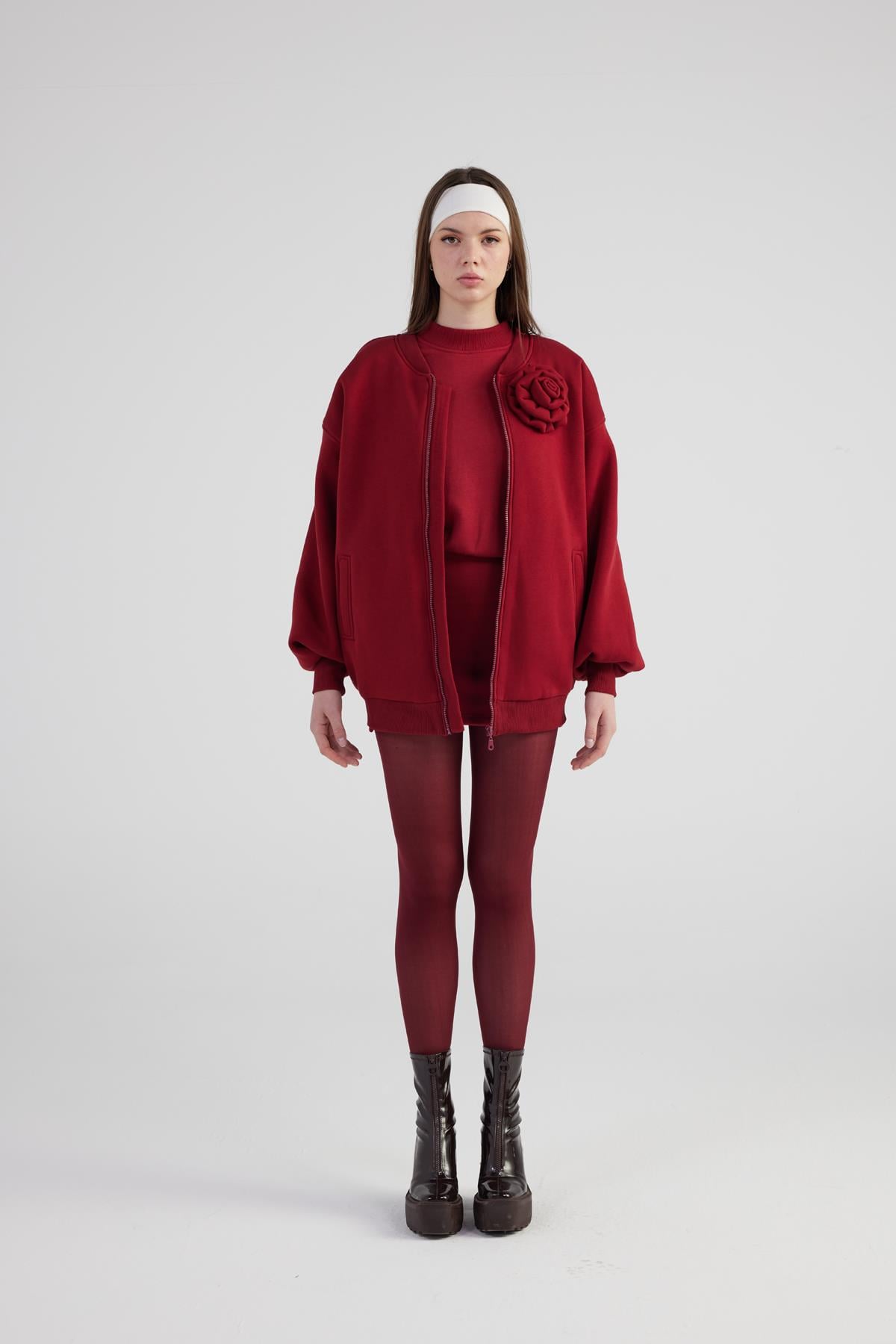 Image of Oversize Çıkarılabilir Gül Detaylı Astarlı Alexa Bomber Ceket Bordo