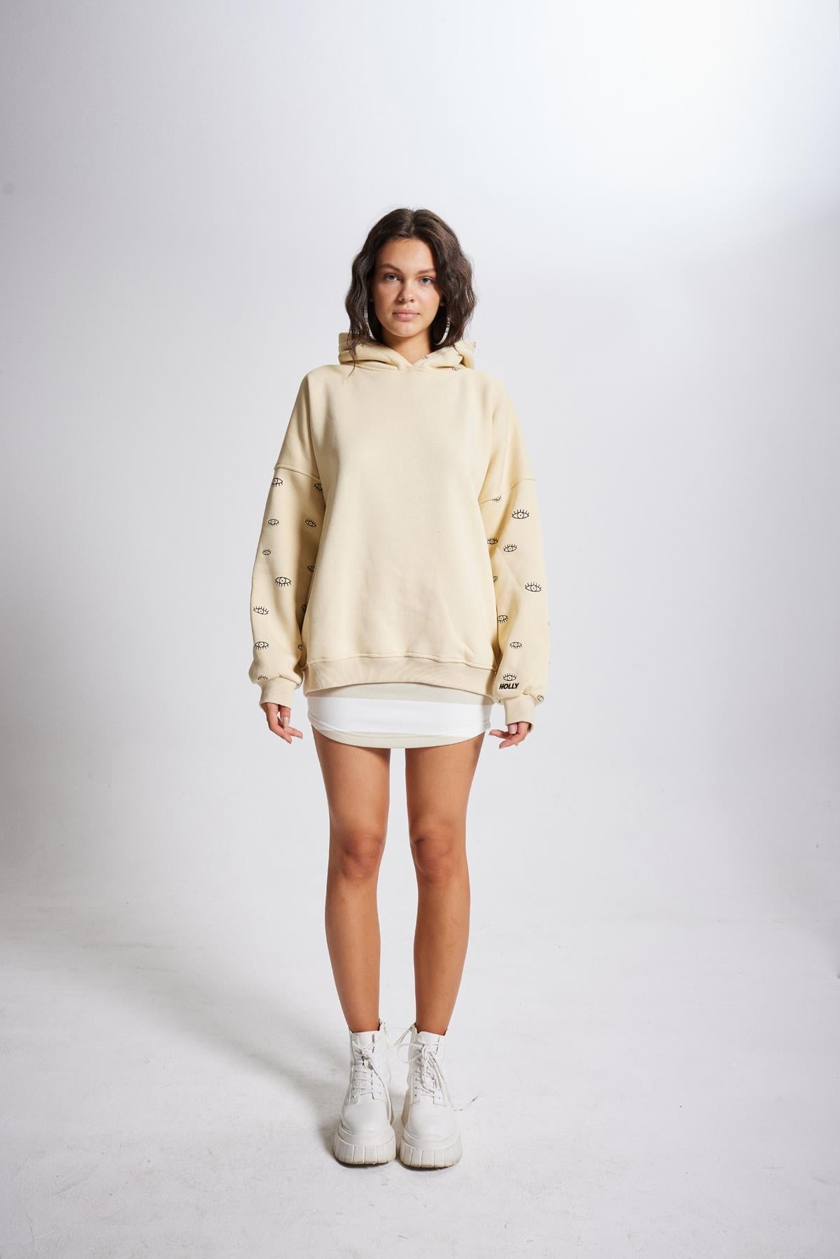 Image of Oversize Kapüşonlu Unisex Eye Sweat Bej