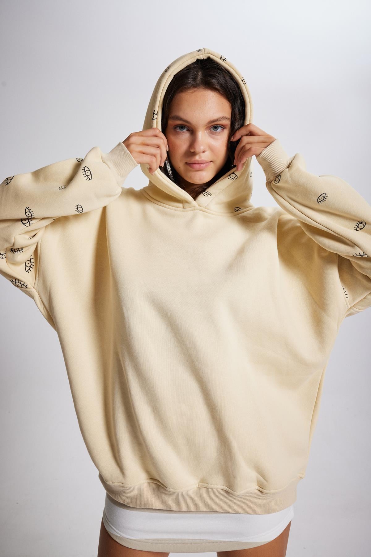 Image of Oversize Kapüşonlu Unisex Eye Sweat Bej