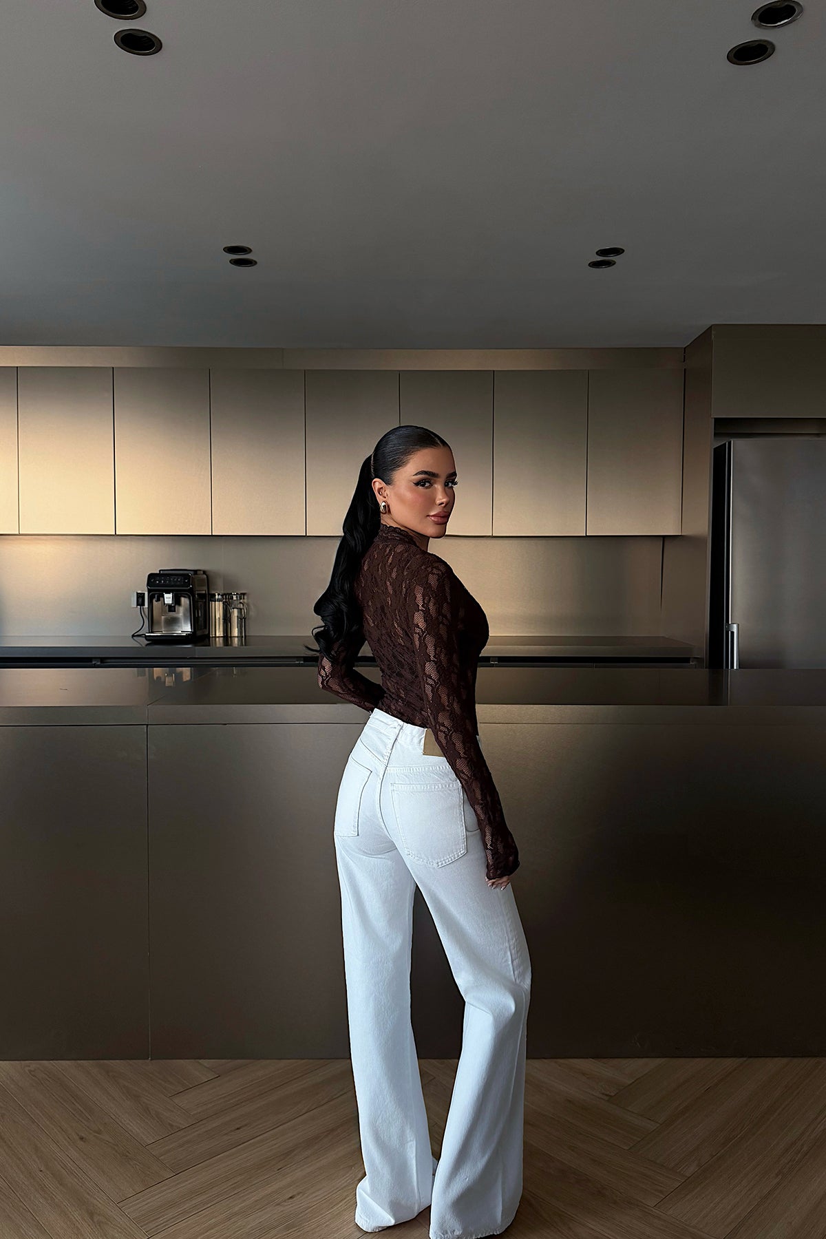 Image of Acı Kahve Transparan Dantel Bluz ATE-4874