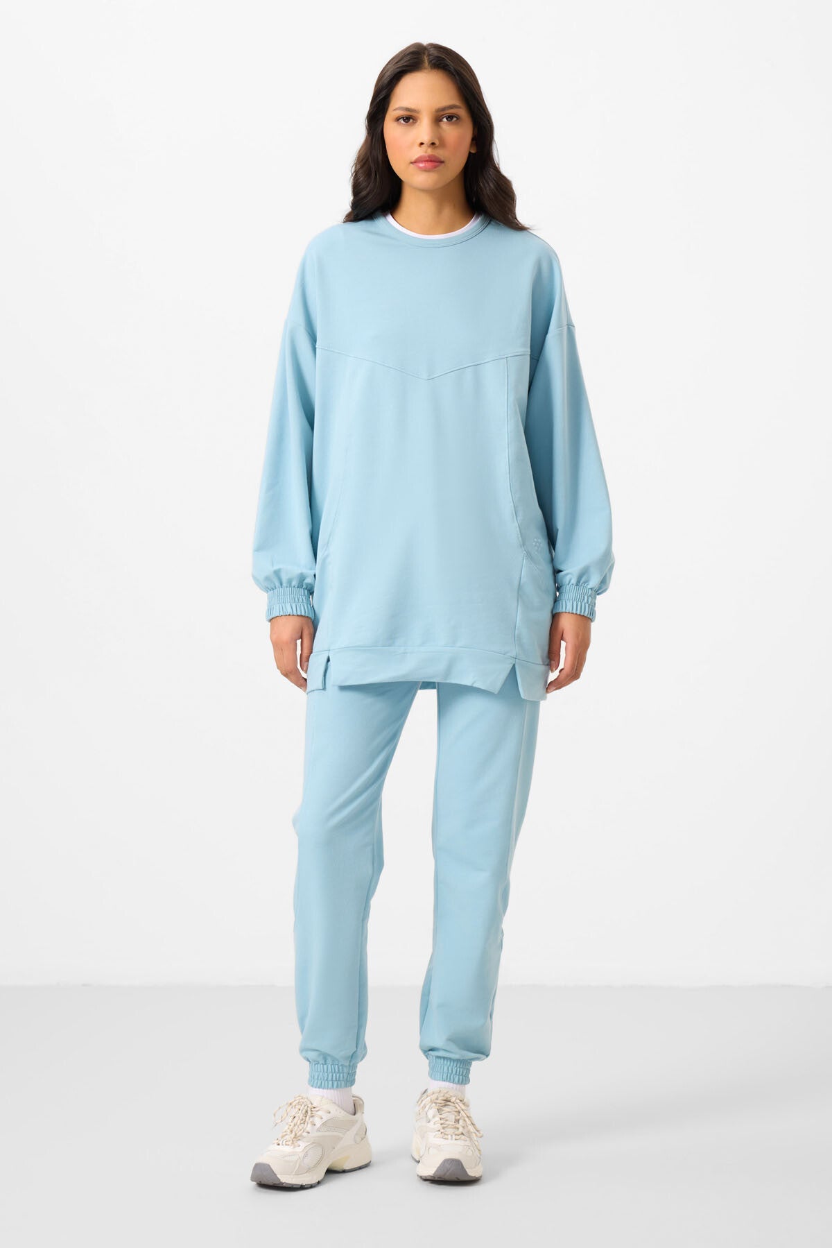 Image of Açık Mavi O Yaka Basic Oversize Kadın Eşofman Tunik Takım - 95347