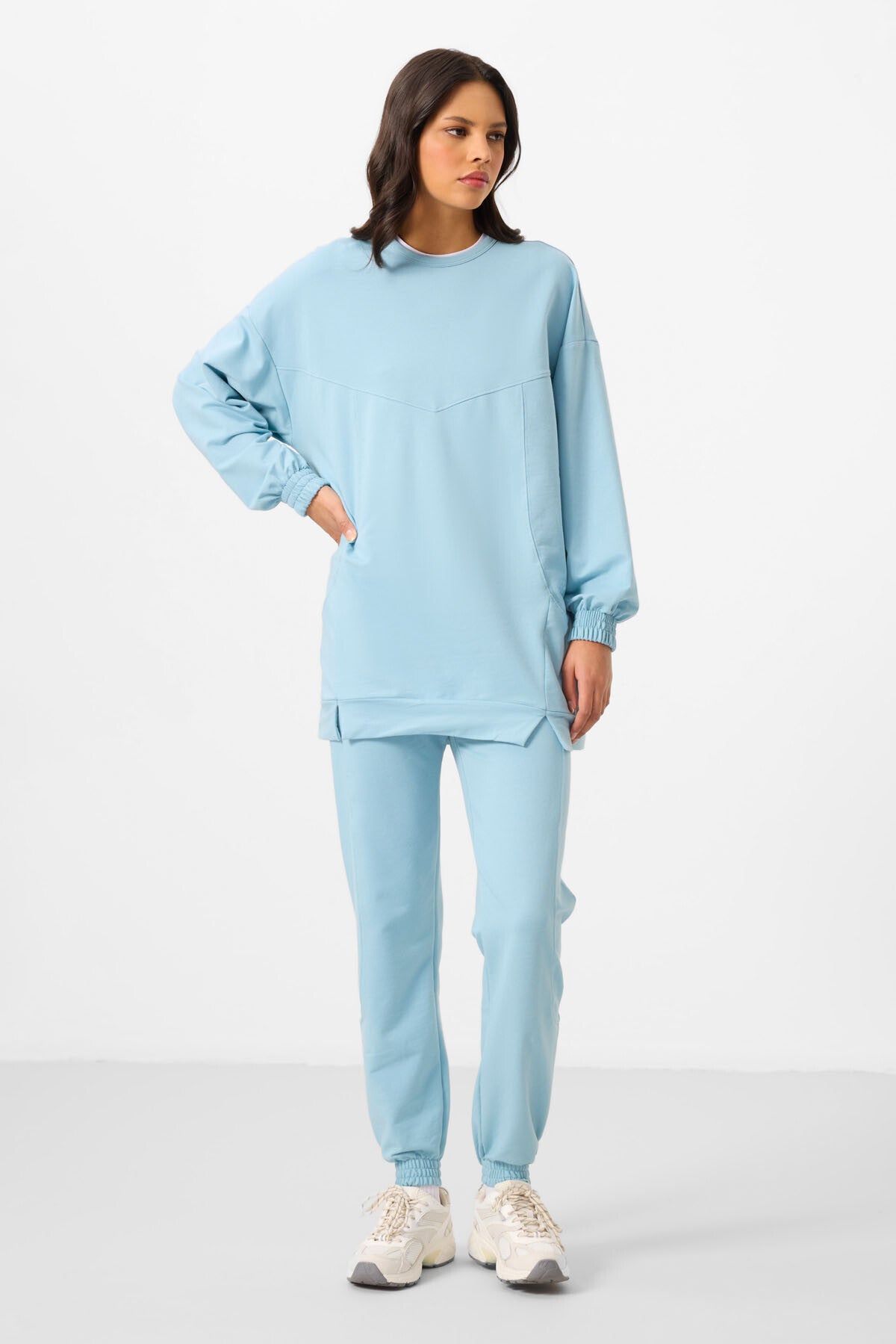 Image of Açık Mavi O Yaka Basic Oversize Kadın Eşofman Tunik Takım - 95347