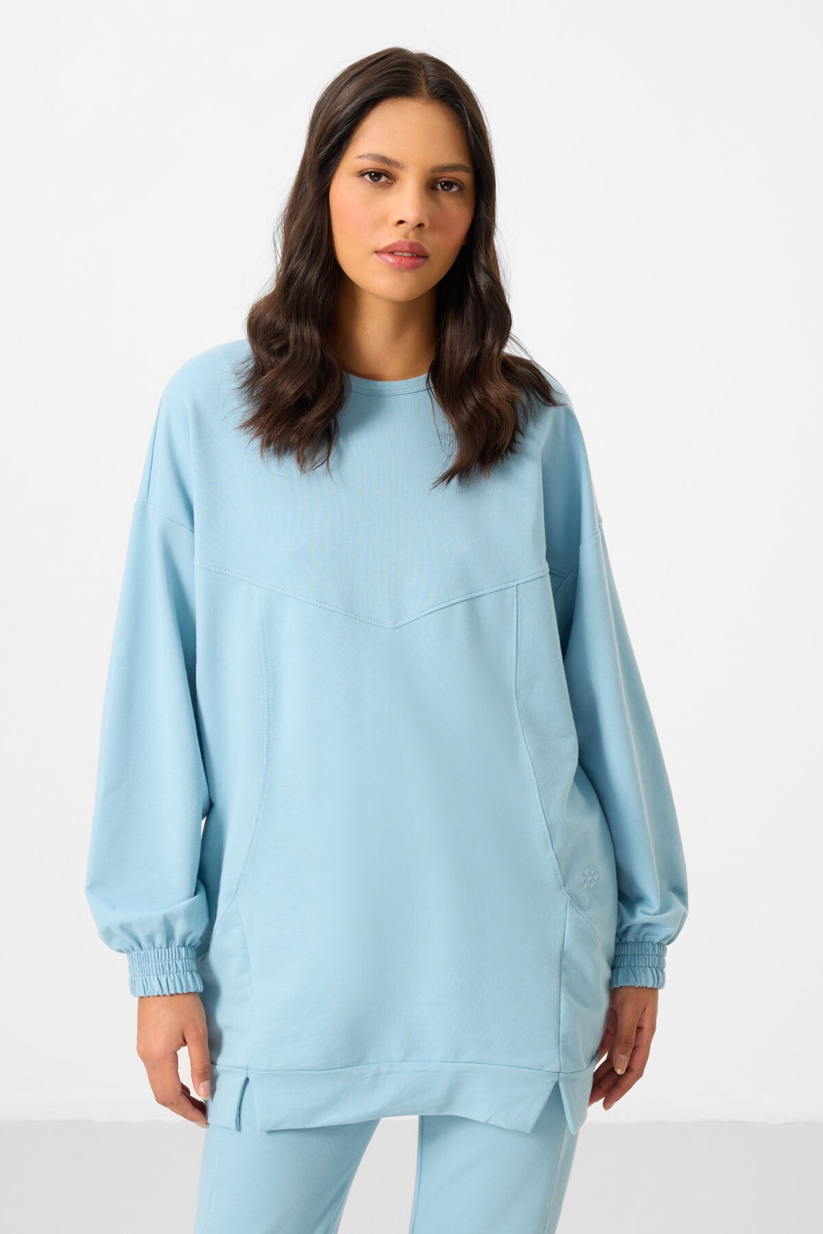 Image of Açık Mavi O Yaka Basic Oversize Kadın Eşofman Tunik Takım - 95347