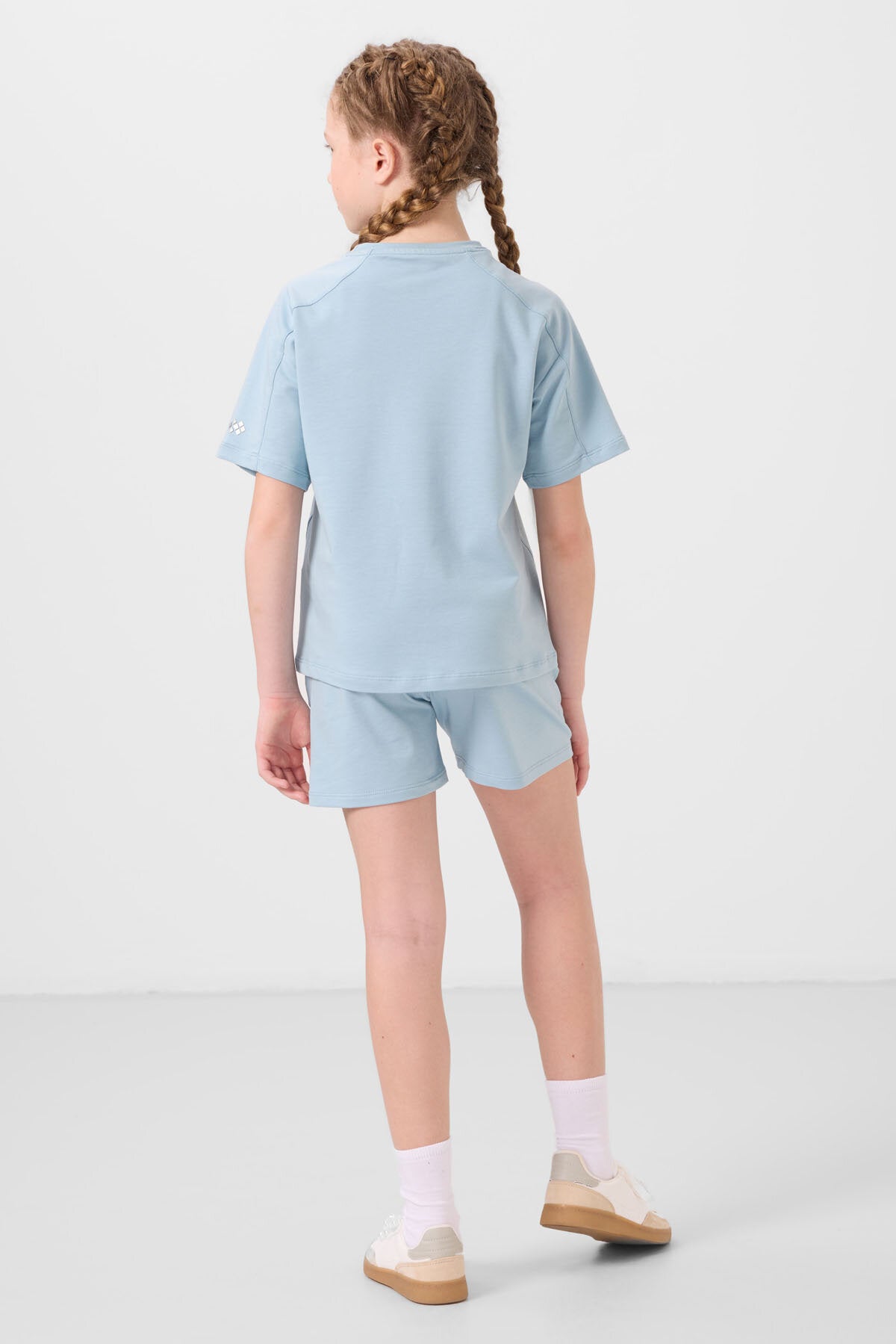 Image of Açık Mavi Pamuklu Yumuşak Dokulu Standart Fit Basic Kız Çocuk Şort Takım - 75184