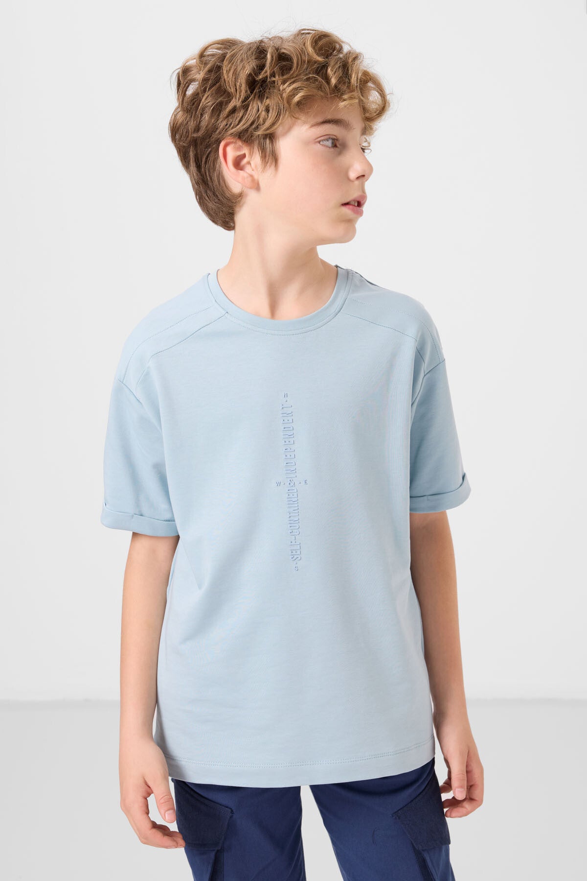 Image of Tricou albastru deschis din bumbac, texturat moale, imprimat, supradimensionat, pentru băieți - 11301