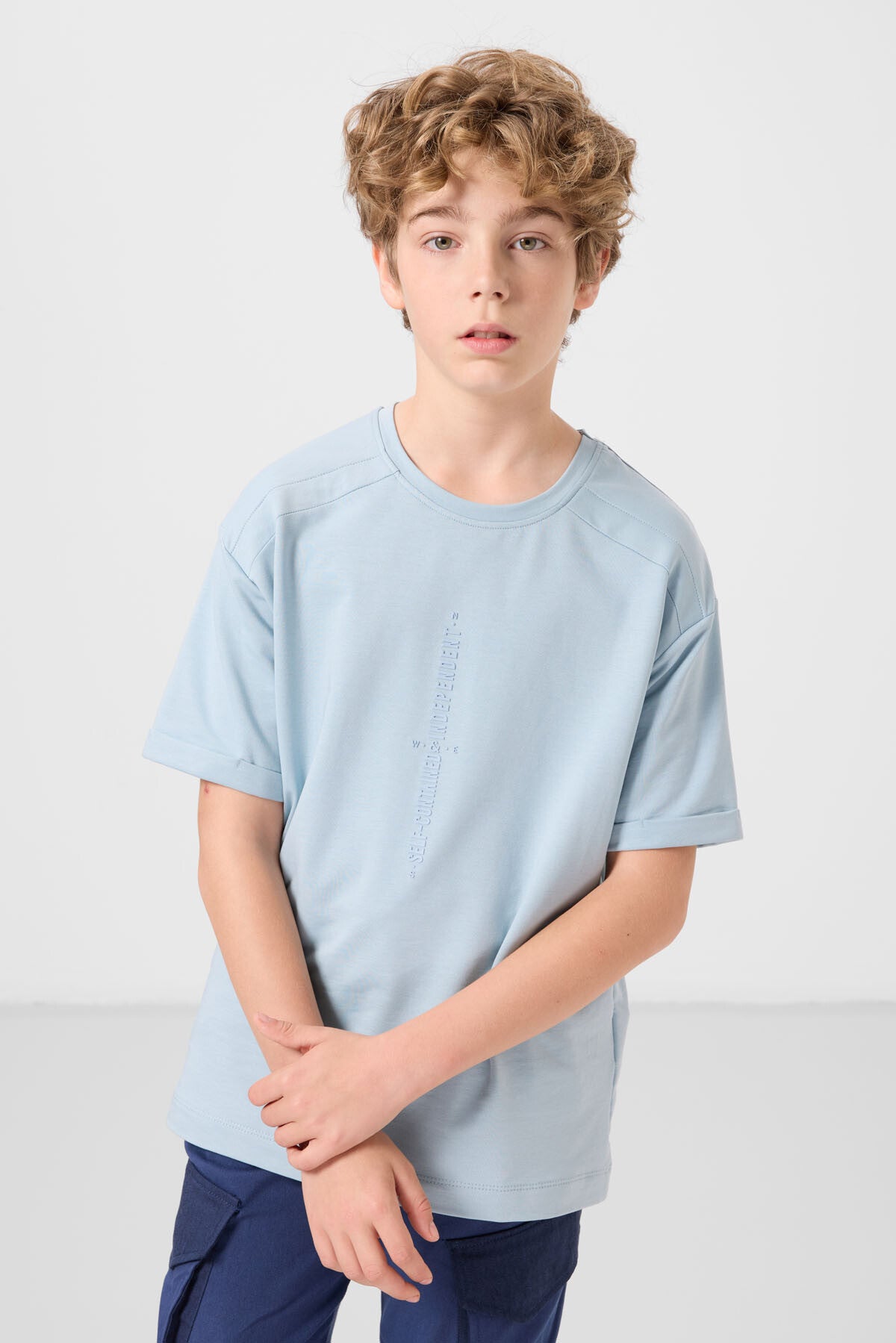 Image of Açık Mavi Pamuklu Yumuşak Dokulu Oversize Baskılı Erkek Çocuk T-Shirt - 11301