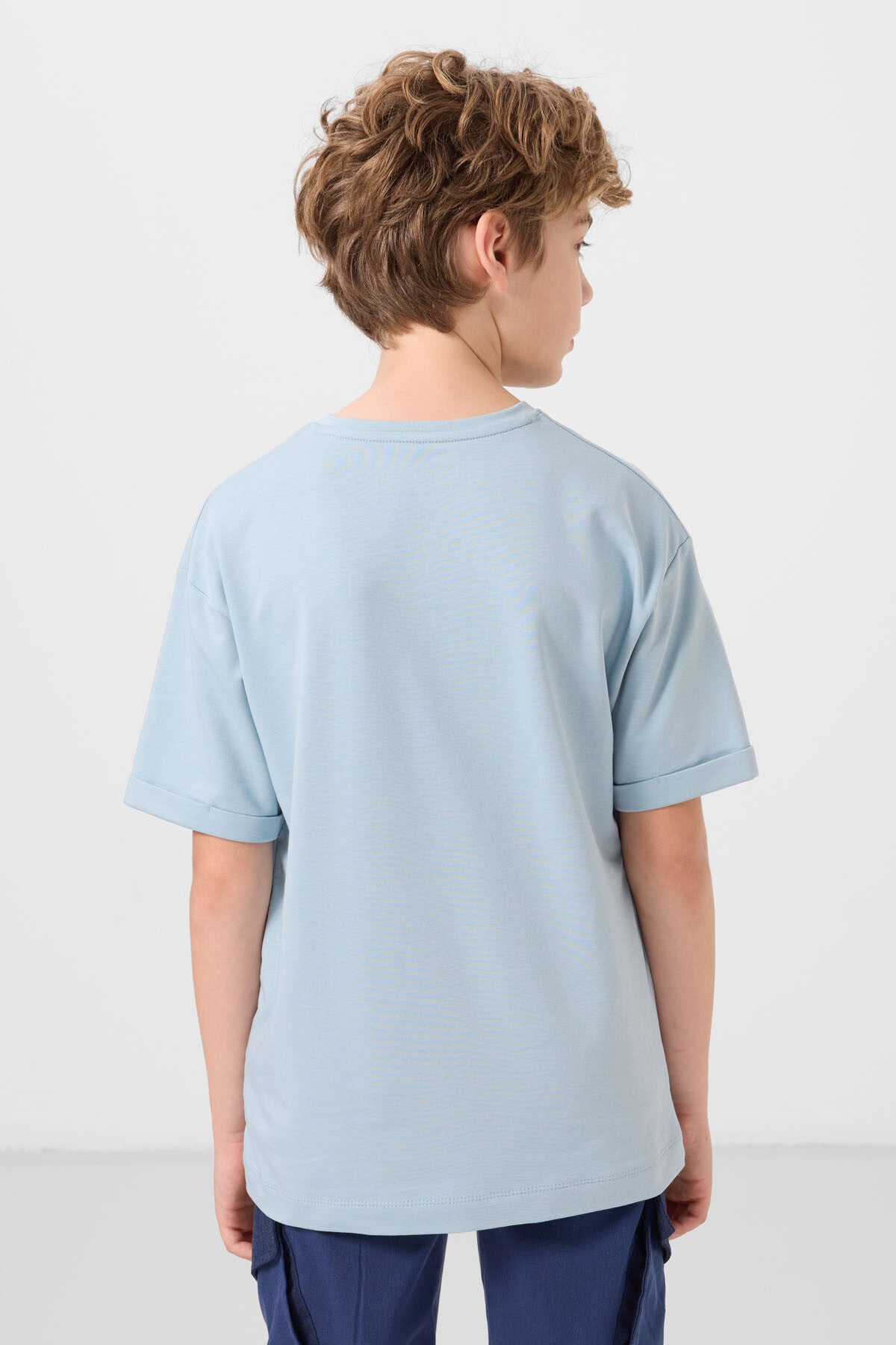 Image of Tricou albastru deschis din bumbac, texturat moale, imprimat, supradimensionat, pentru băieți - 11301