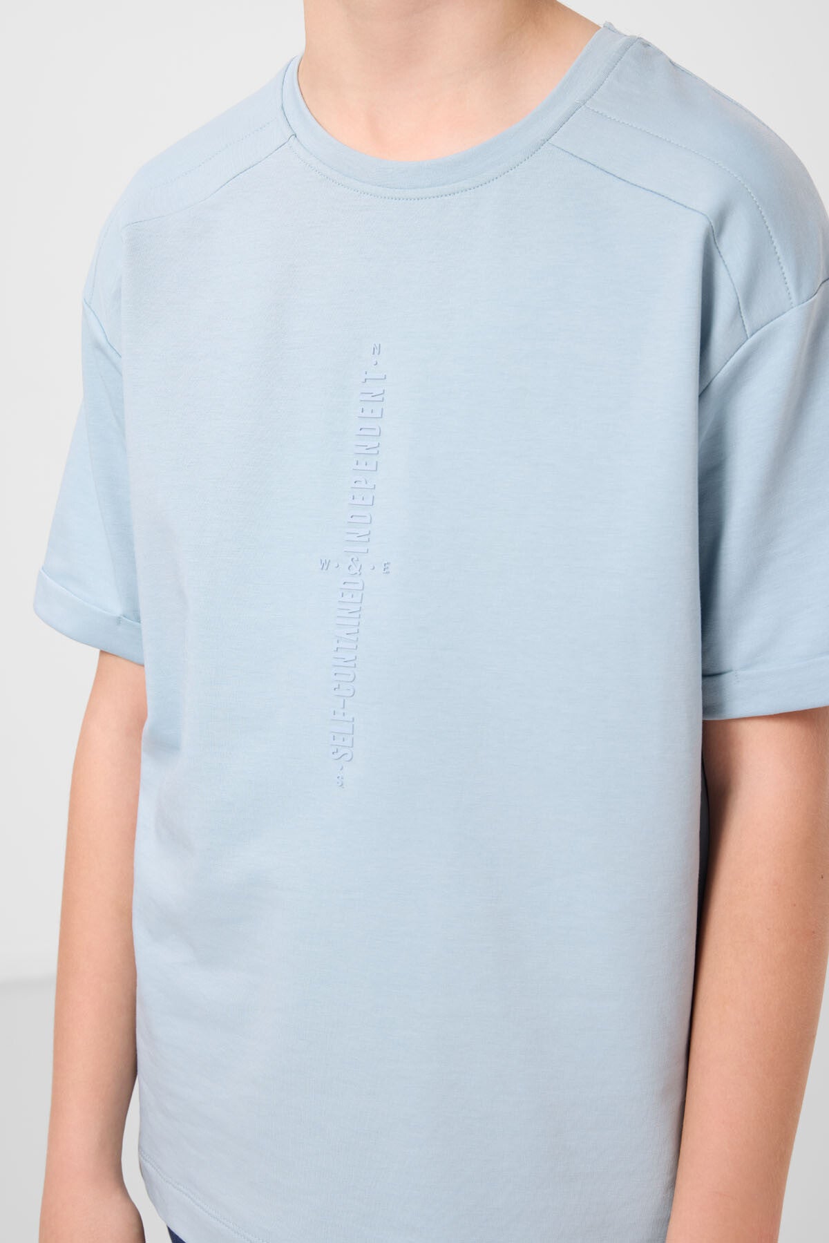 Image of Tricou albastru deschis din bumbac, texturat moale, imprimat, supradimensionat, pentru băieți - 11301