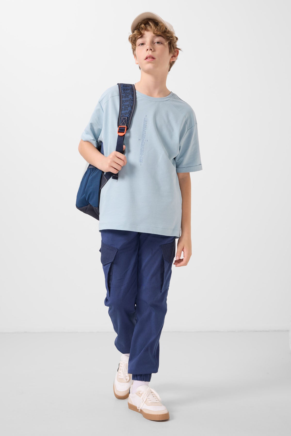 Image of Tricou albastru deschis din bumbac, texturat moale, imprimat, supradimensionat, pentru băieți - 11301