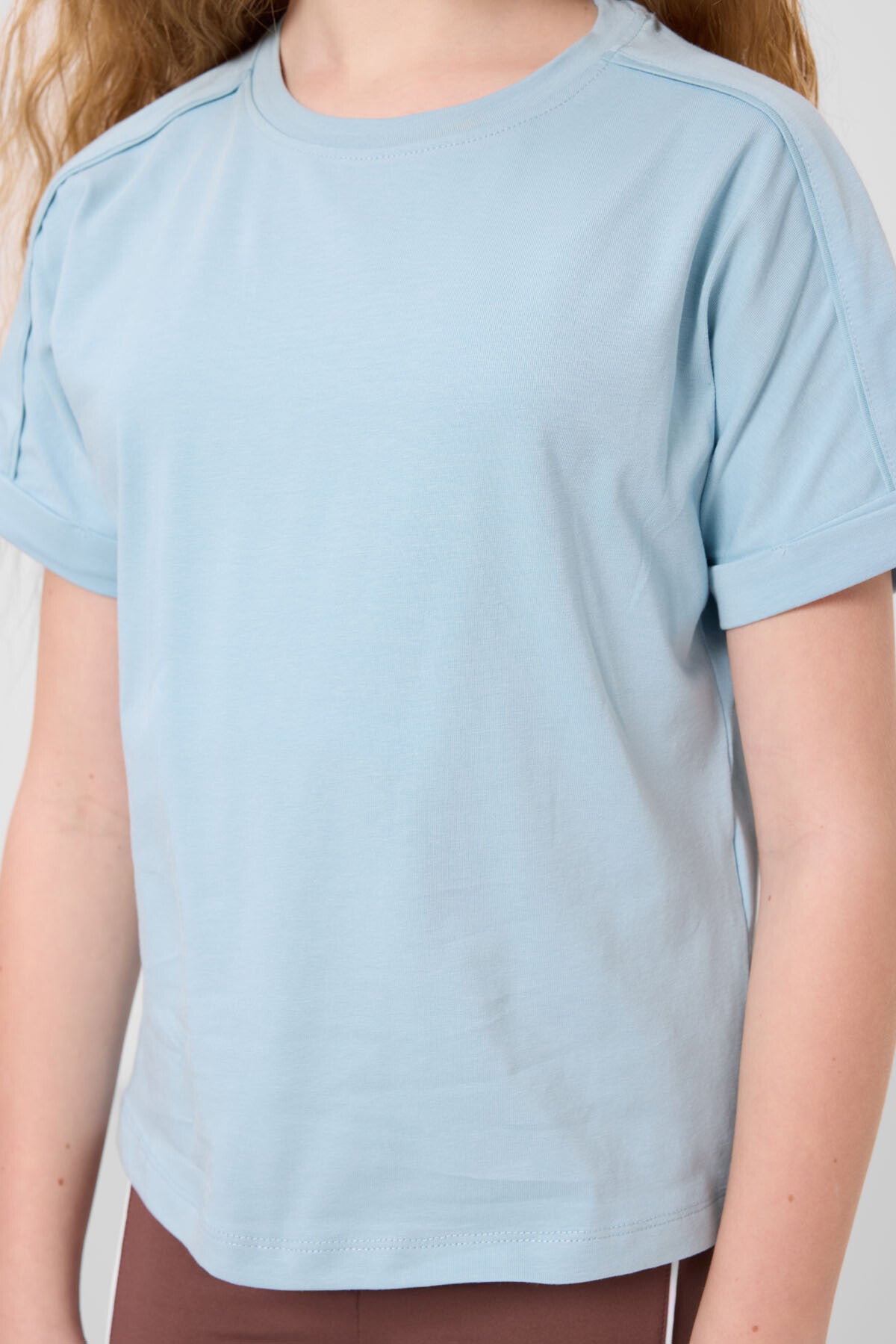 Image of Açık Mavi Pamuklu O Yaka Oversize Fit Basic Kız Çocuk T-Shirt - 75182