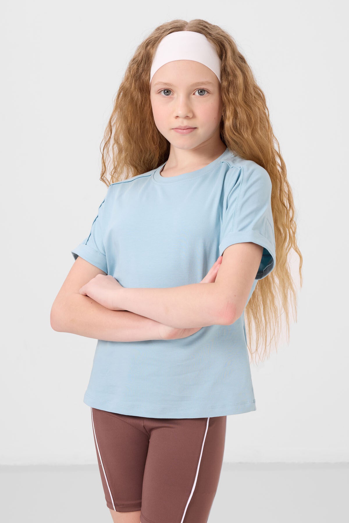 Image of Açık Mavi Pamuklu O Yaka Oversize Fit Basic Kız Çocuk T-Shirt - 75182