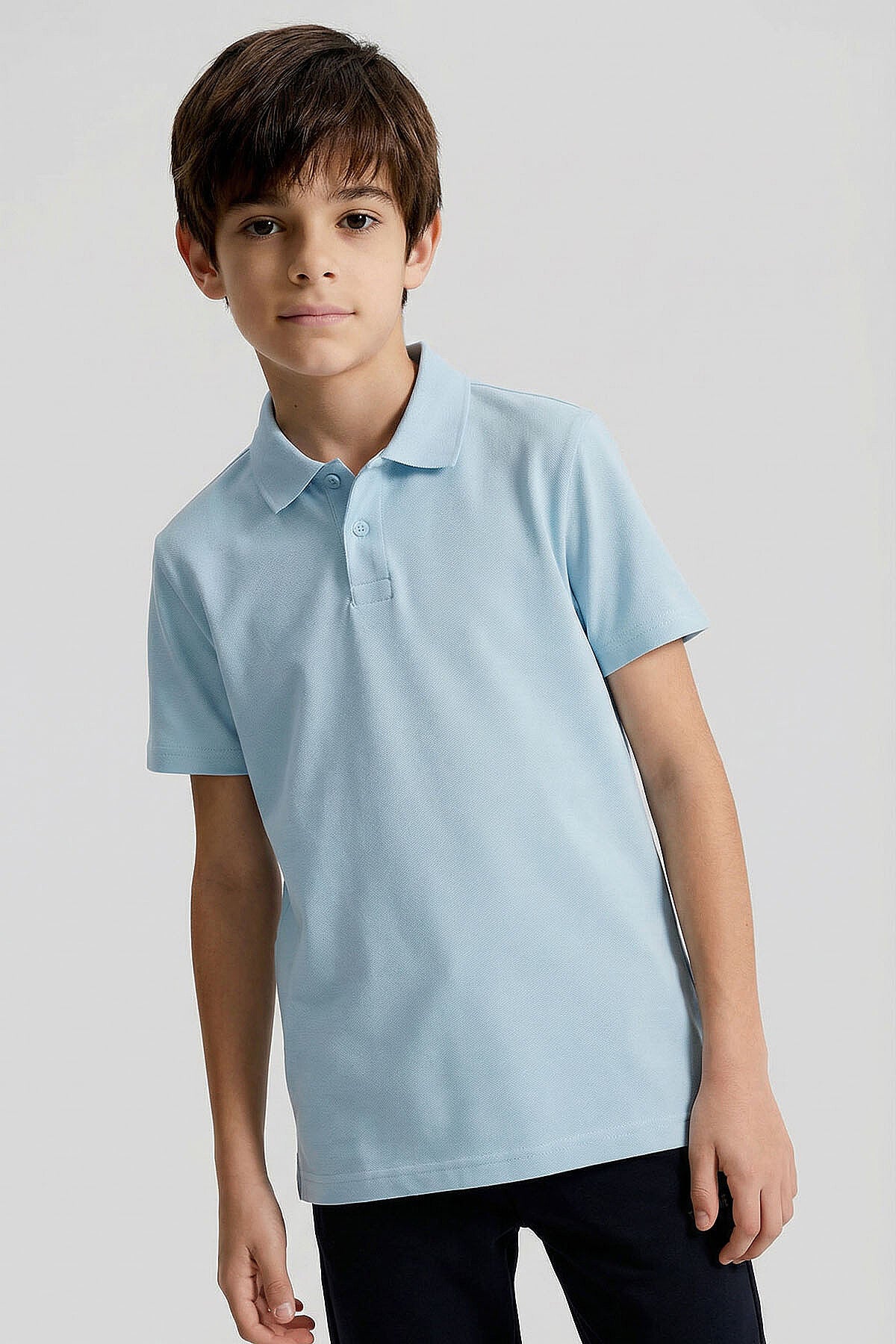 Image of Light Blue Polo Collar Standard Fit Basic Unisex Kids T-Shirt - 11330