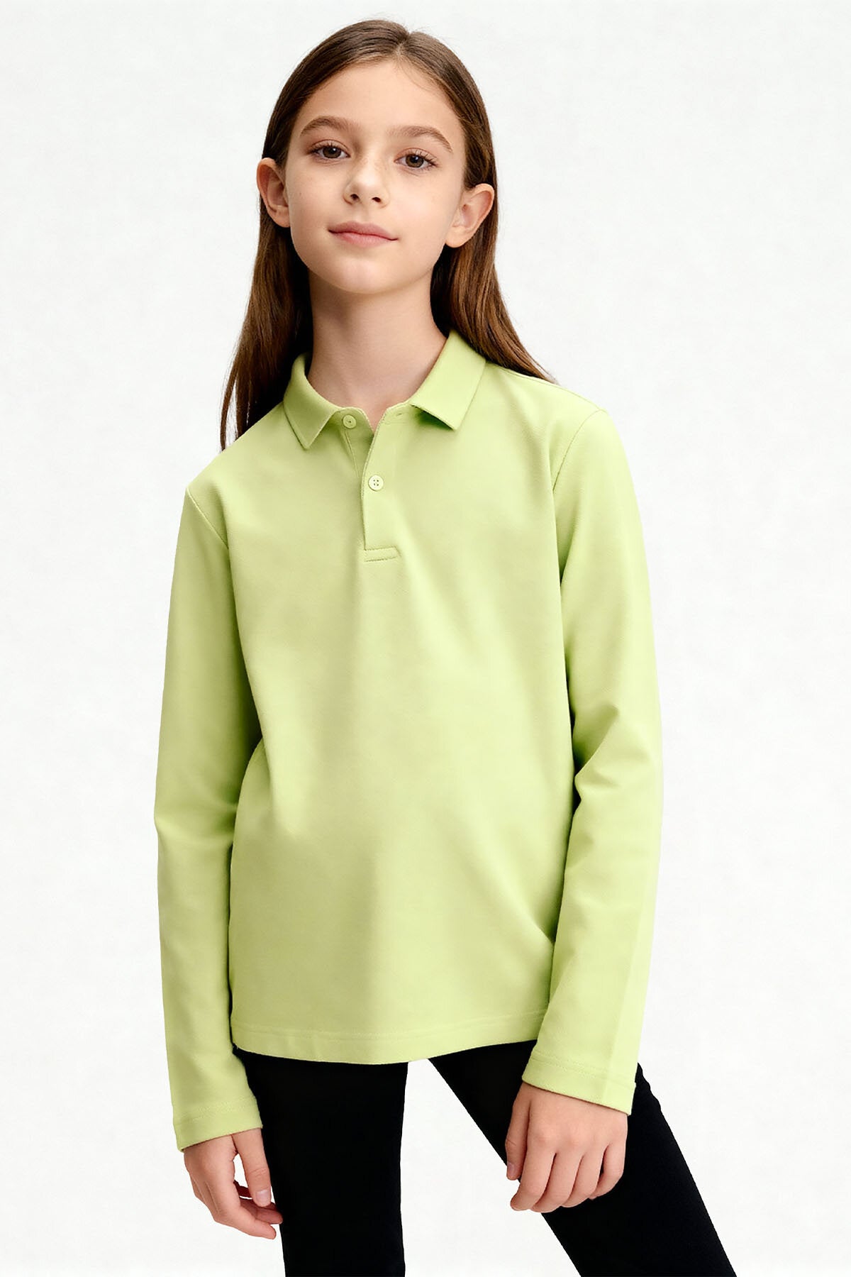 Image of Açık Yeşil Polo Yaka Basic Uzun Kollu Unisex Çocuk T-Shirt - 11170