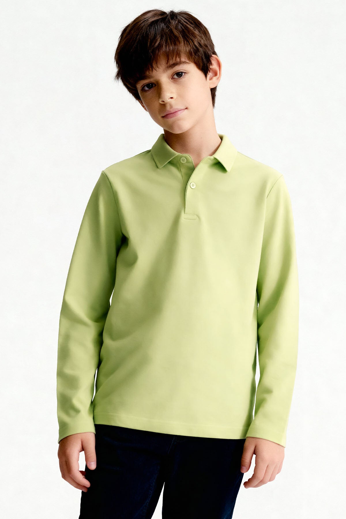 Image of Açık Yeşil Polo Yaka Basic Uzun Kollu Unisex Çocuk T-Shirt - 11170