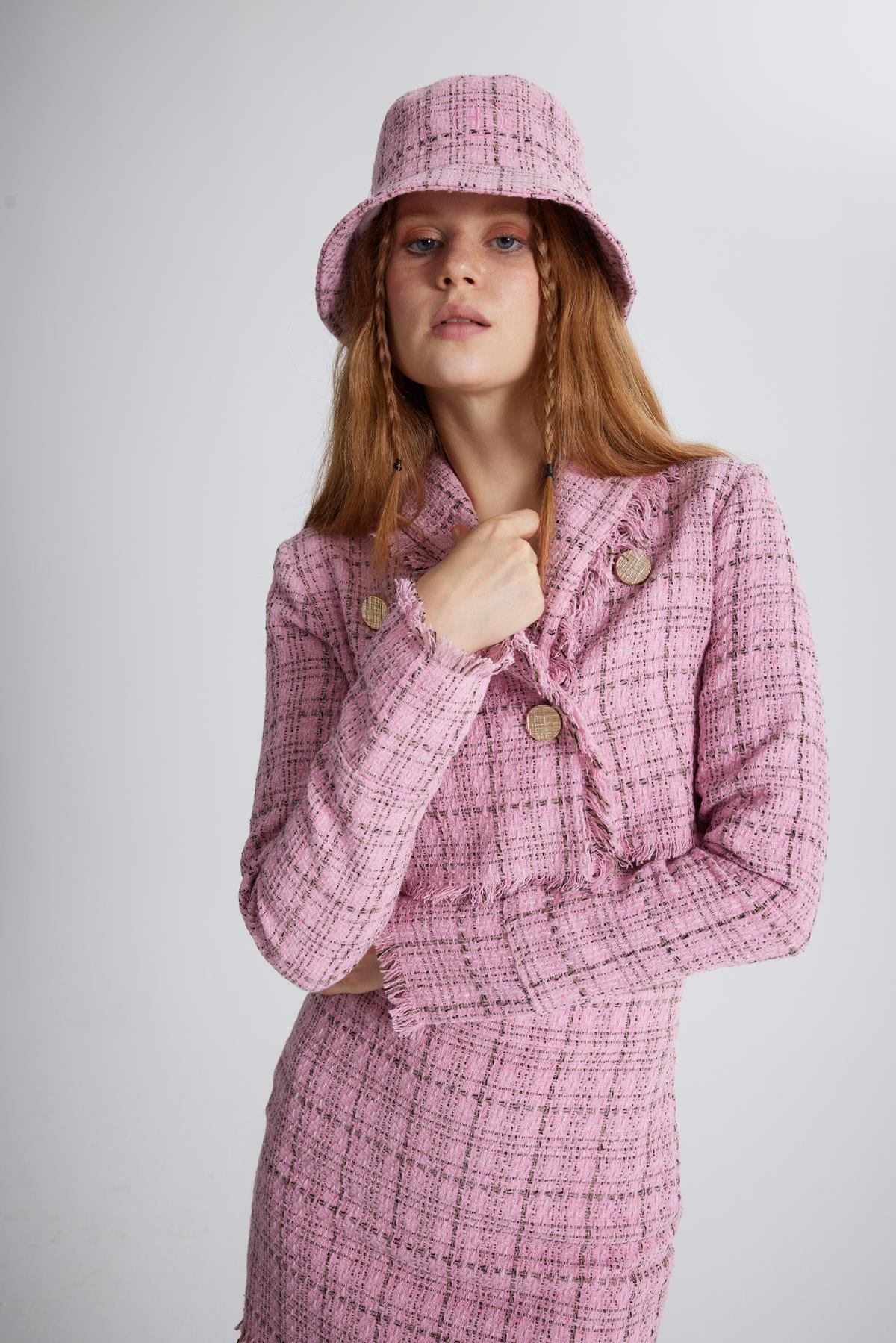 Image of Tüvit Kumaş Logolu Bucket Tweed Şapka Pembe