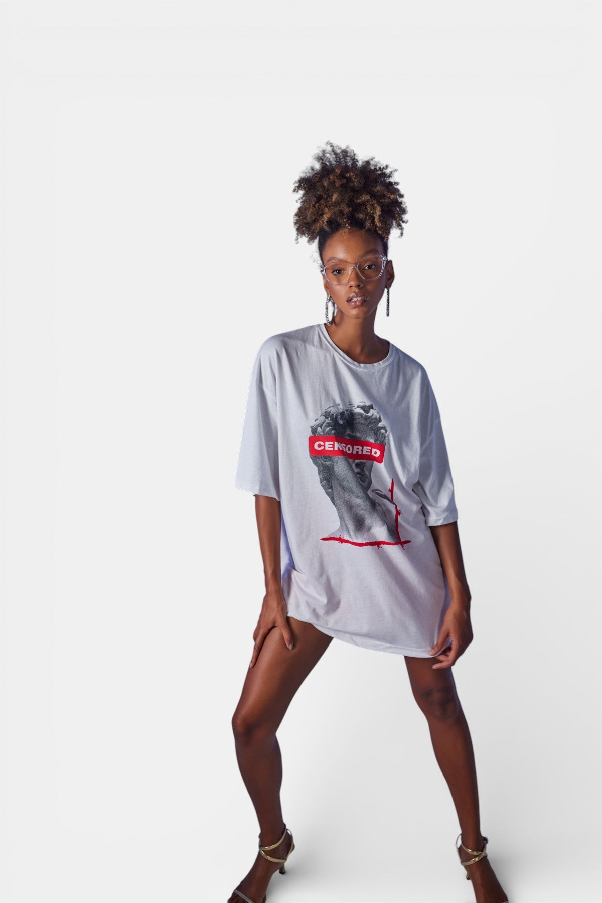 Image of Oversize Baskılı Censored T-Shirt Beyaz