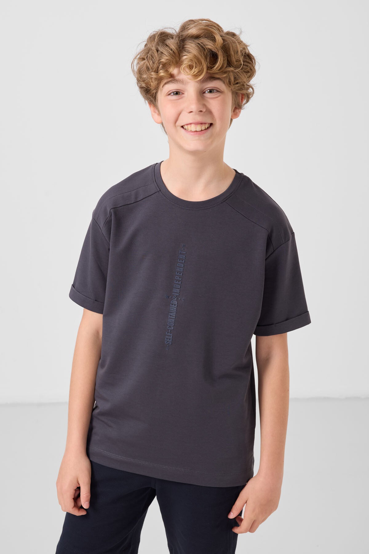 Image of Antrasit Pamuklu Yumuşak Dokulu Oversize Baskılı Erkek Çocuk T-Shirt - 11301