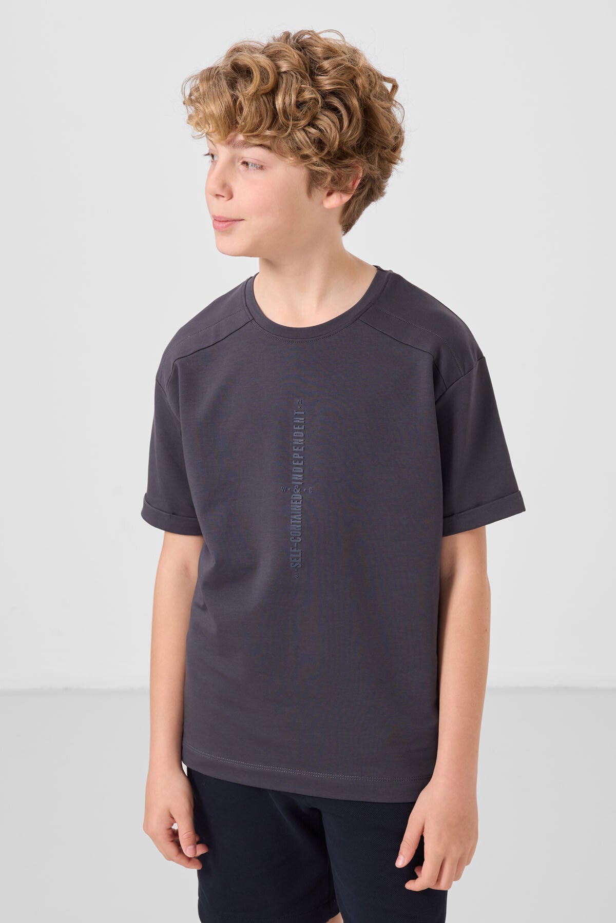 Image of Antrasit Pamuklu Yumuşak Dokulu Oversize Baskılı Erkek Çocuk T-Shirt - 11301
