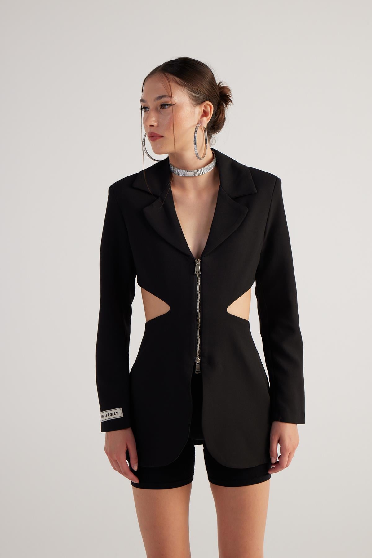 Image of Bel Dekolteli Fermuarlı Voila Blazer Ceket Siyah