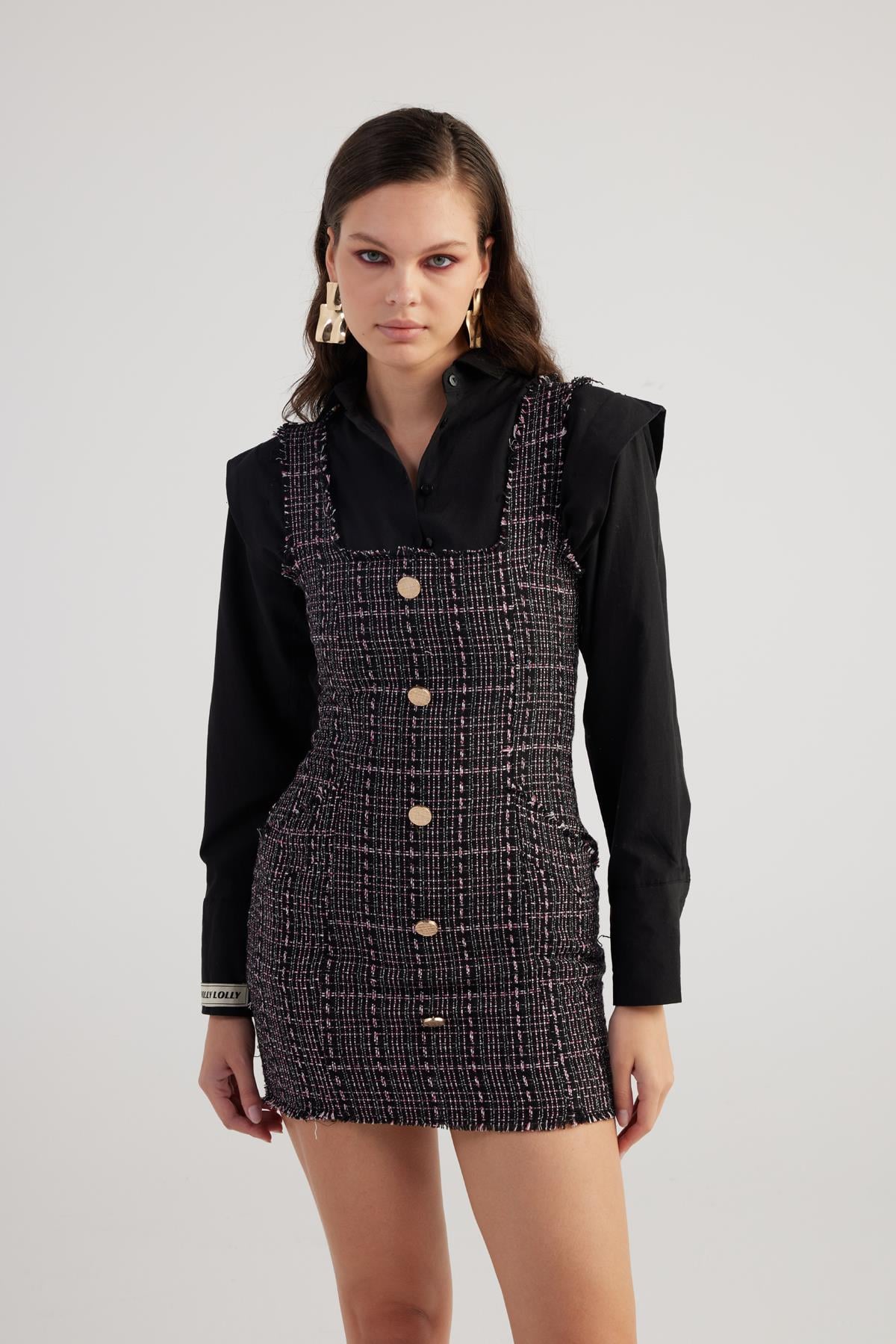 Image of Metal Düğme Detaylı Mini Tweed Elbise Siyah
