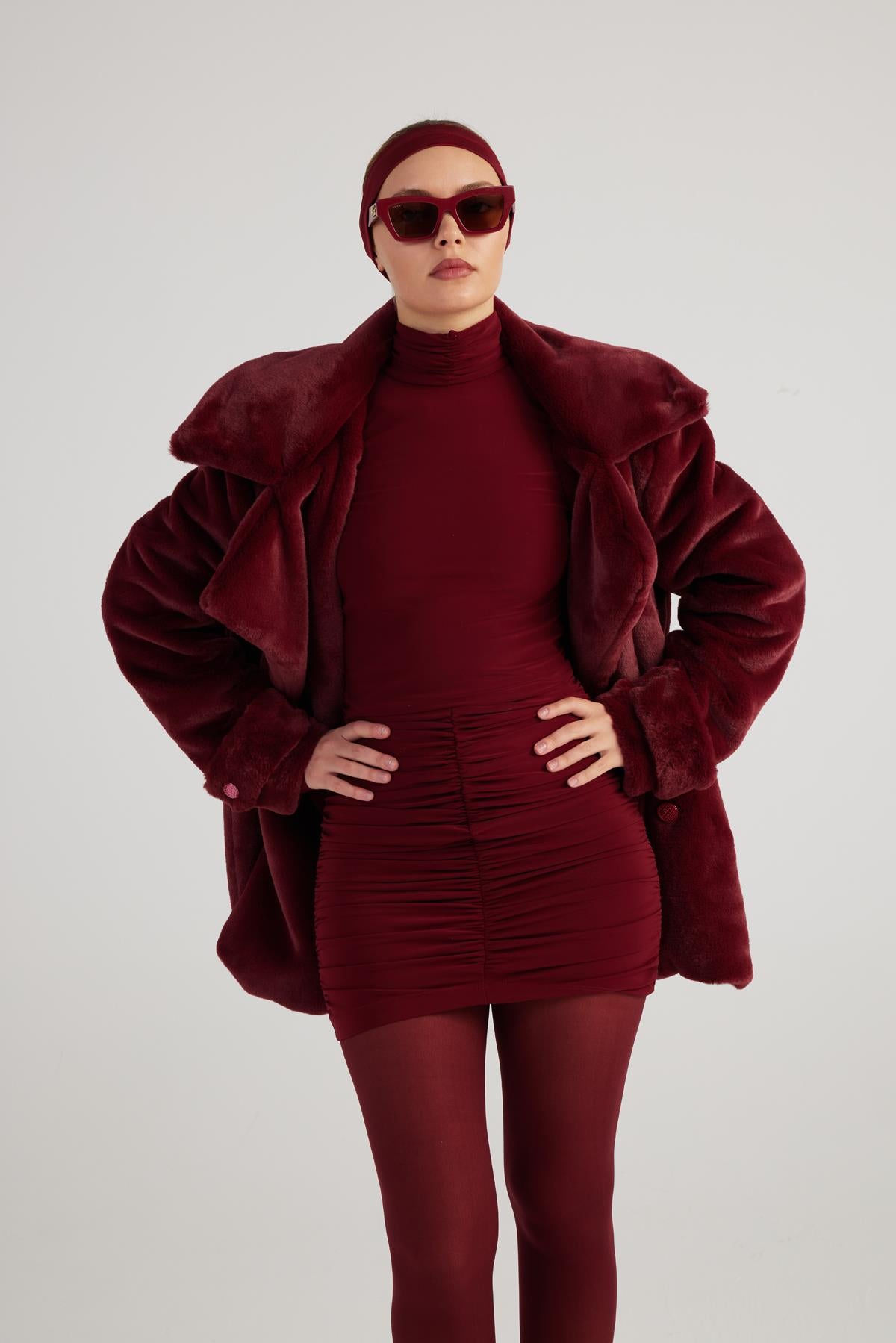 Image of Balıkçı Yaka Büzgülü Mini Tami Elbise Bordo