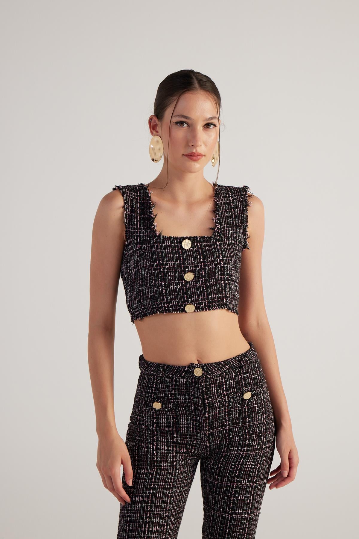 Image of Tüvit Kumaş Crop Tweed Büstiyer Siyah