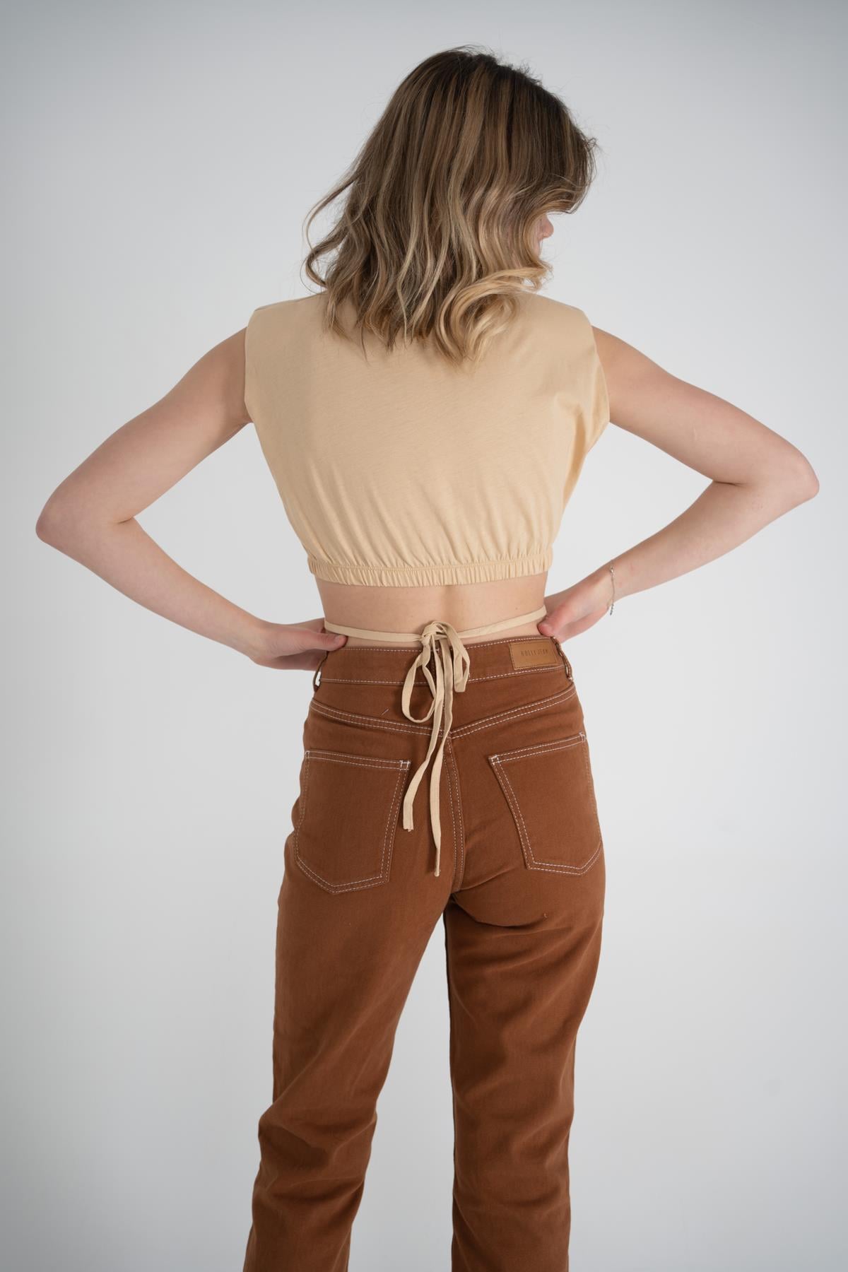Image of Bel Bağlamalı Crop Candy Tshirt Bej