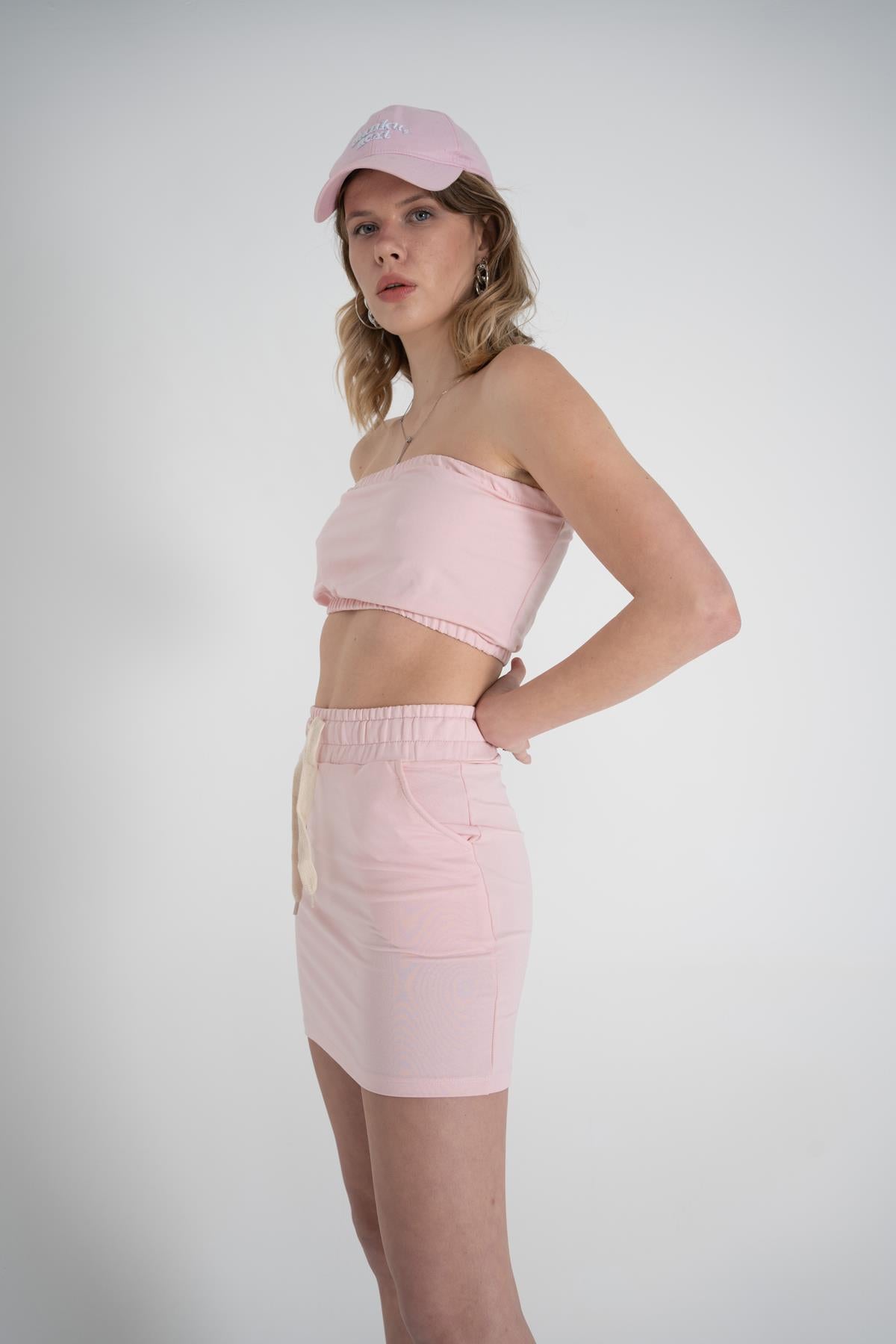 Image of Mini Boy Bel Lastikli ve İpli Cepli Toa Etek Pembe