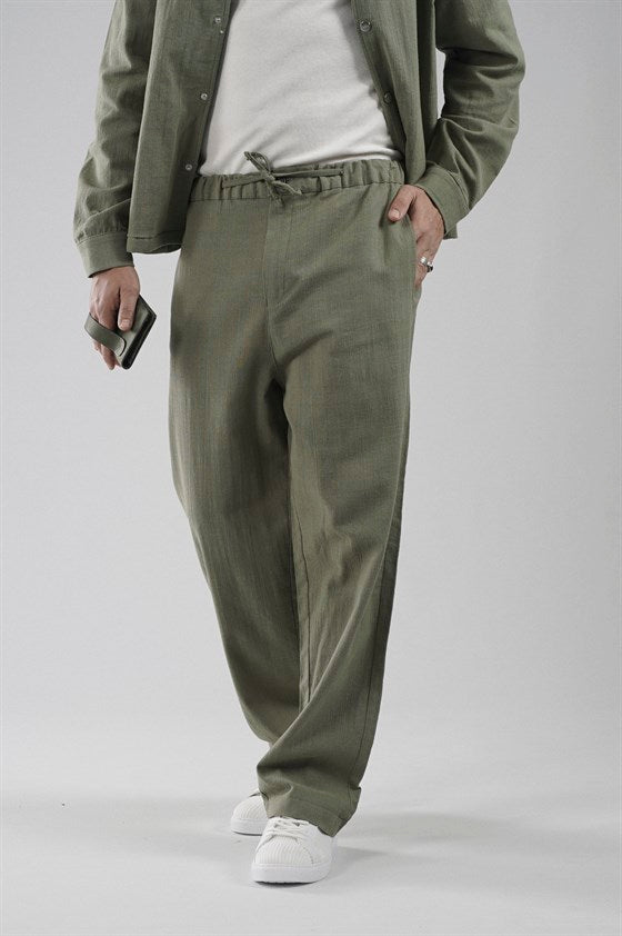 Image of Baggy Kalıp Pamuklu Keten Klasik Pantolon