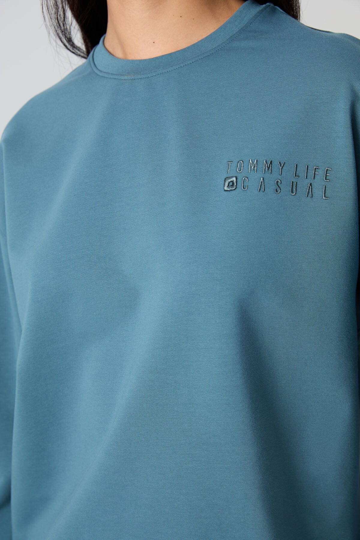 Image of Orman Yeşili Basic Pamuklu O Yaka Oversize Lastik Paça Kadın Eşofman Takım - 95287