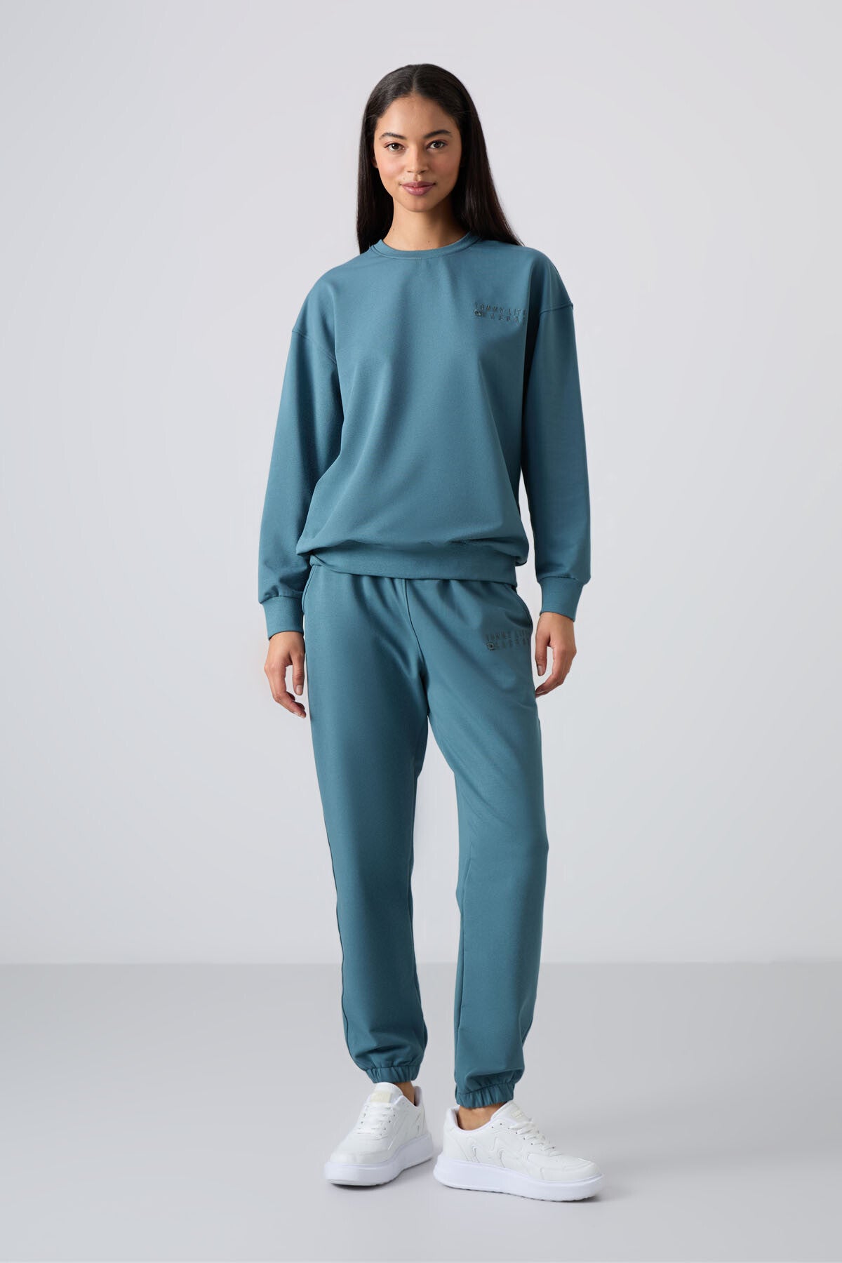 Image of Orman Yeşili Basic Pamuklu O Yaka Oversize Lastik Paça Kadın Eşofman Takım - 95287