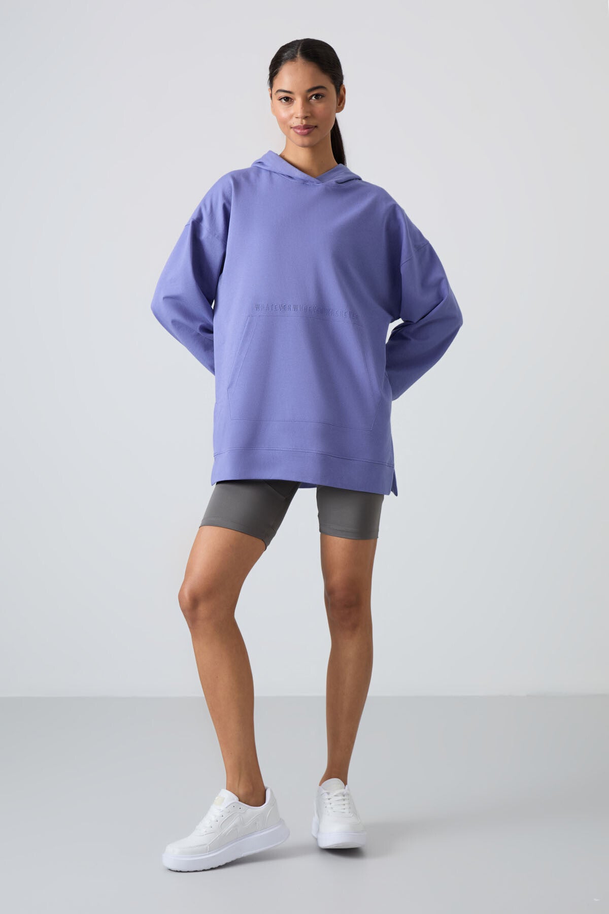 Image of Eflatun Balon Kol Yazı Nakışlı Kadın Oversize Tunik Sweatshirt - 97163