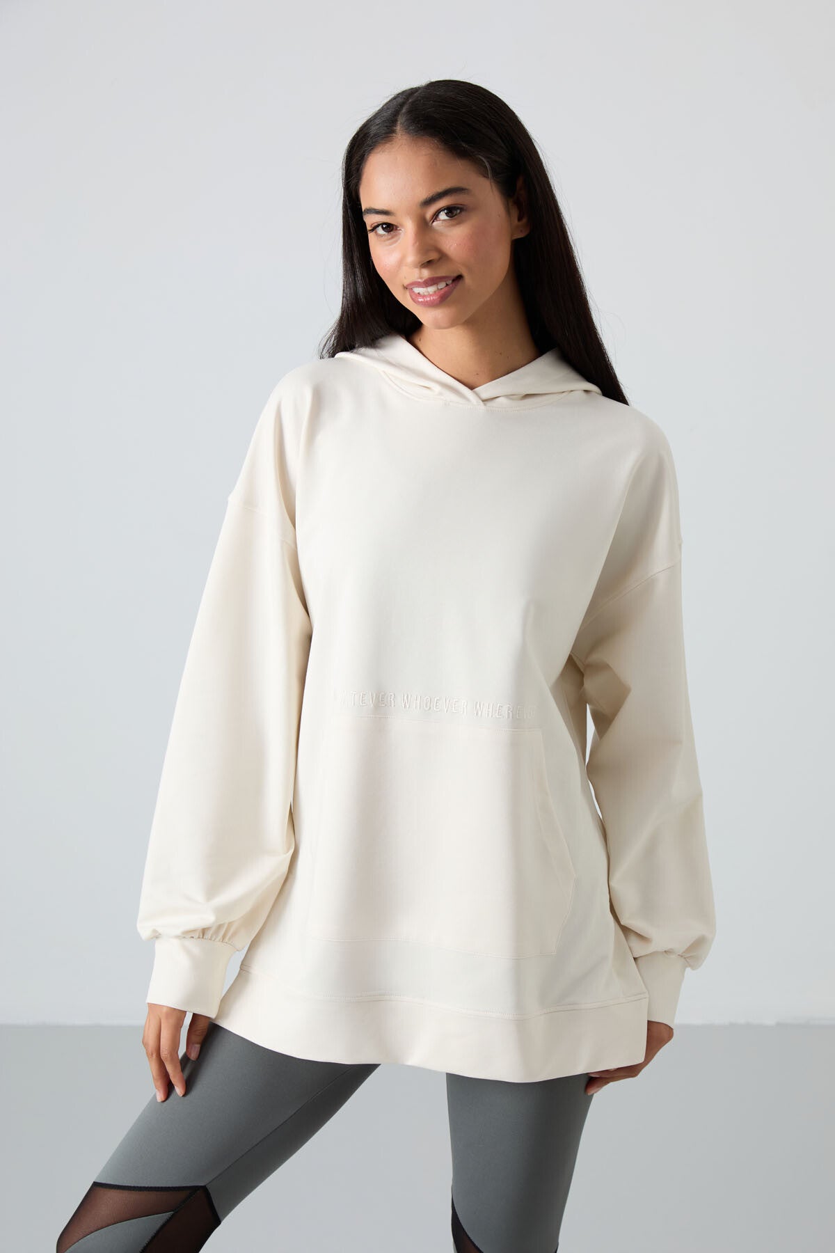 Image of Off-White Balloon Sleeve Embroidered Women's Oversize Tunic Sweatshirt - 97163