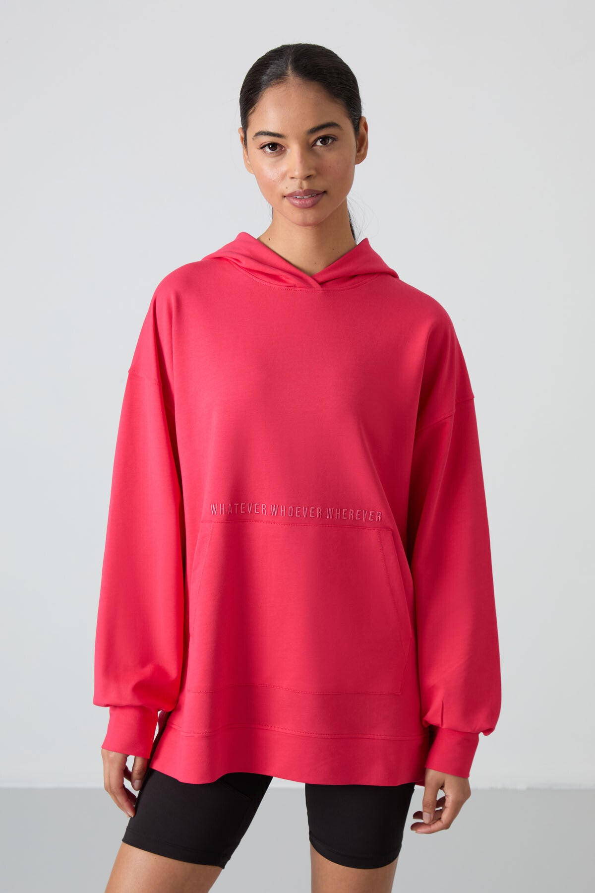 Image of Viva Kırmızı Balon Kol Yazı Nakışlı Kadın Oversize Tunik Sweatshirt - 97163