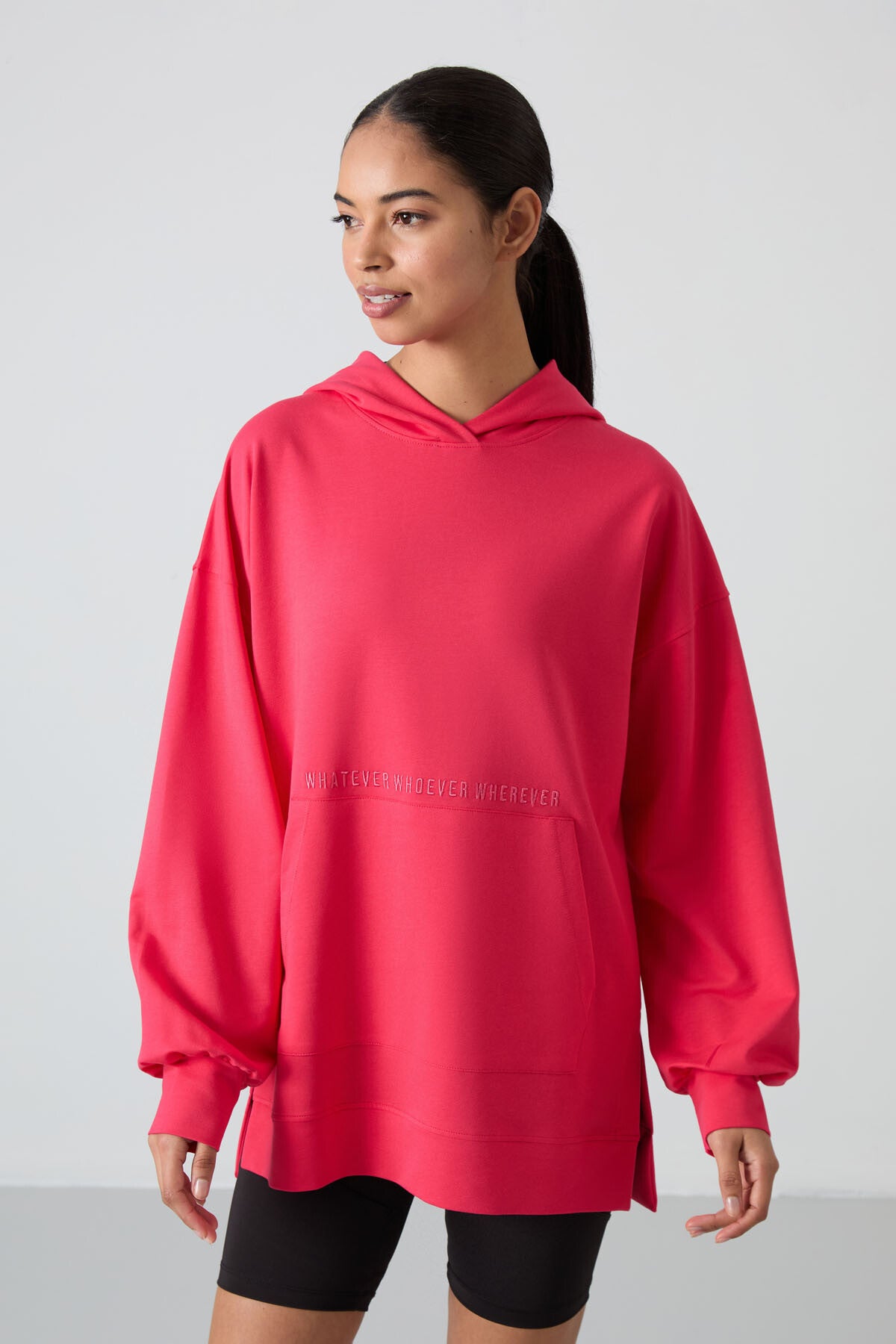 Image of Viva Kırmızı Balon Kol Yazı Nakışlı Kadın Oversize Tunik Sweatshirt - 97163
