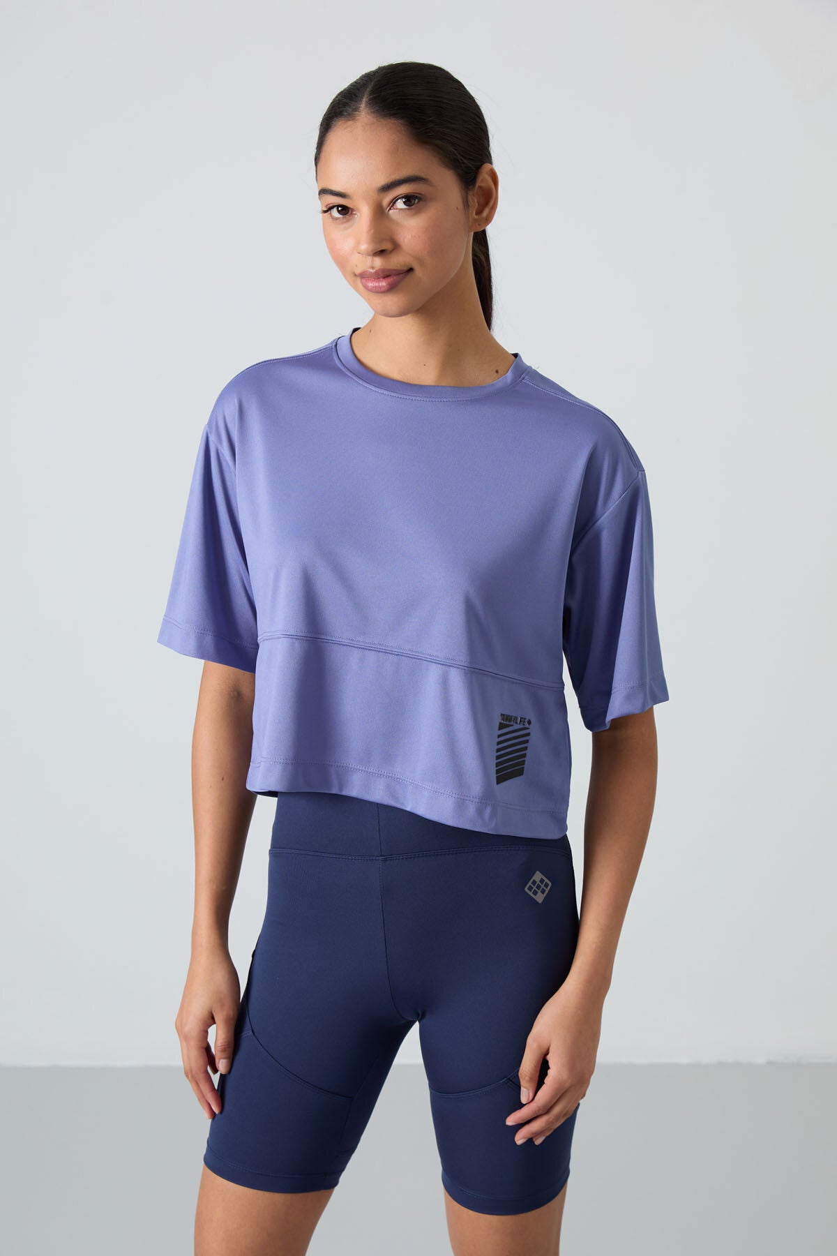 Image of Eflatun Nefes Alan Dokulu İnce Esnek Oversize Fit Performans Kadın T-Shirt - 97284