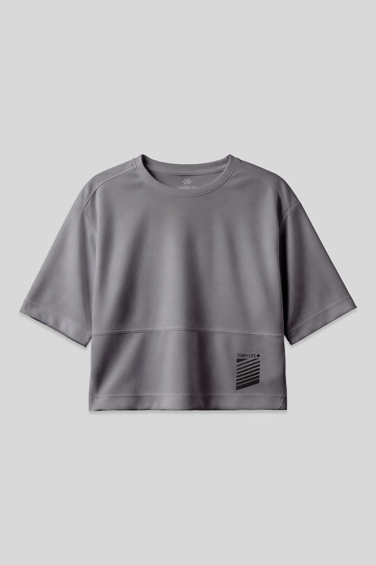 Image of Koyu Gri Nefes Alan Dokulu İnce Esnek Oversize Fit Performans Kadın T-Shirt - 97284