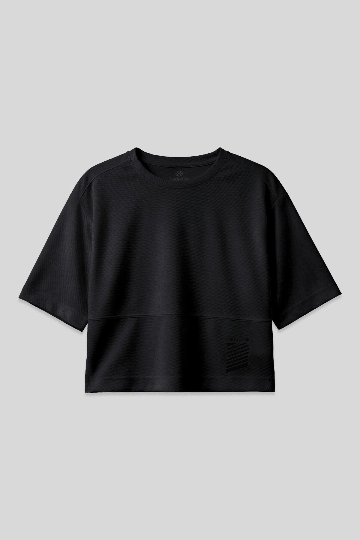 Image of Siyah Nefes Alan Dokulu İnce Esnek Oversize Fit Performans Kadın T-Shirt - 97284