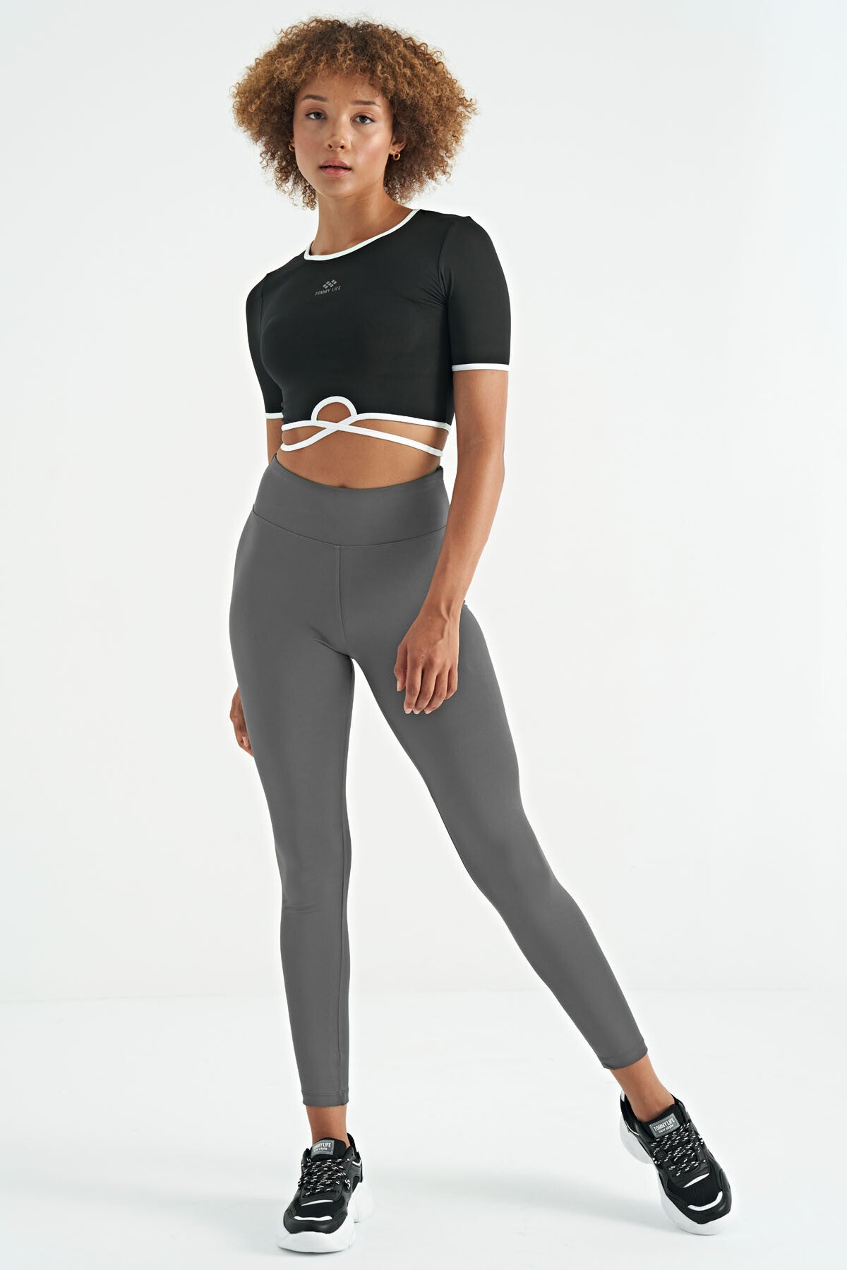 Image of Koyu Gri Logo Baskı Detaylı Yüksek Bel Dalgıç Kumaş Slim Fit Kadın Tayt - 94627