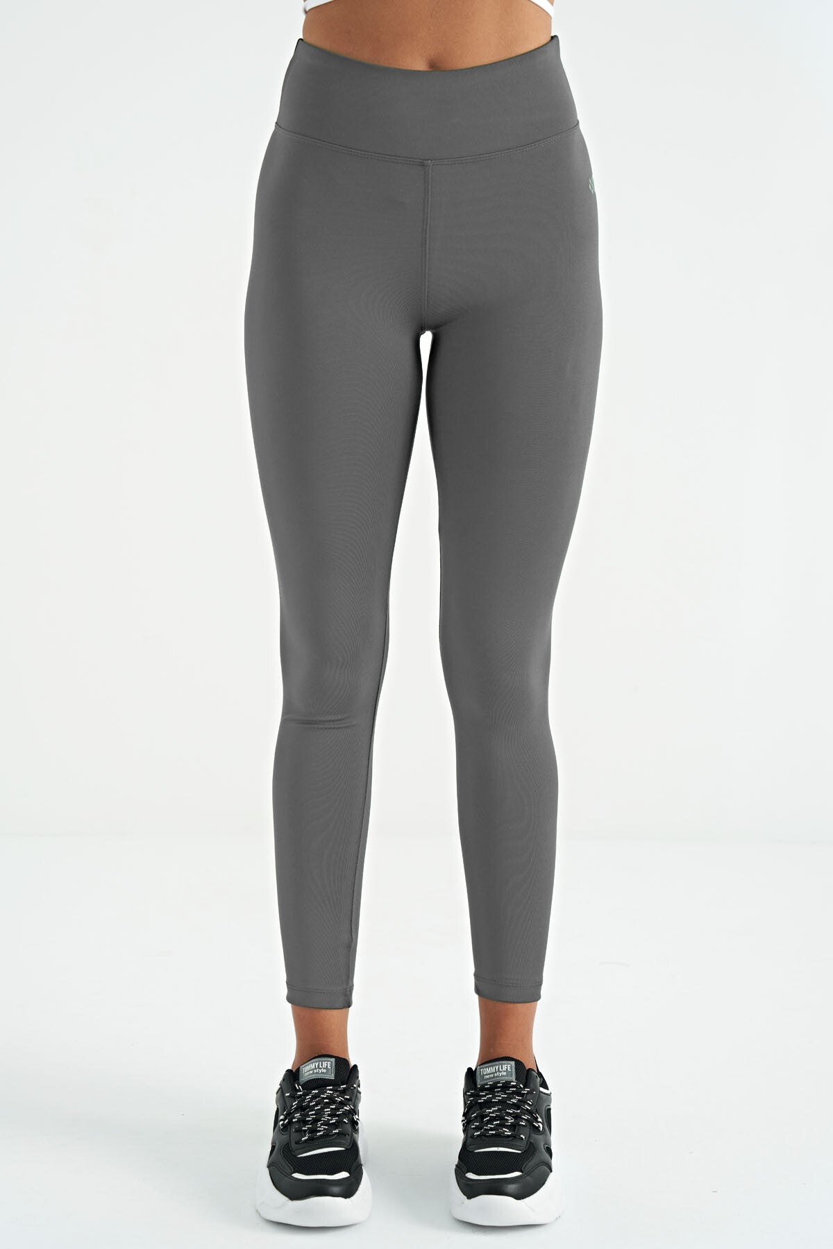 Image of Colanți gri închis cu imprimeu de logo, talie înaltă, croială slim fit, din material Scuba, pentru femei - 94627