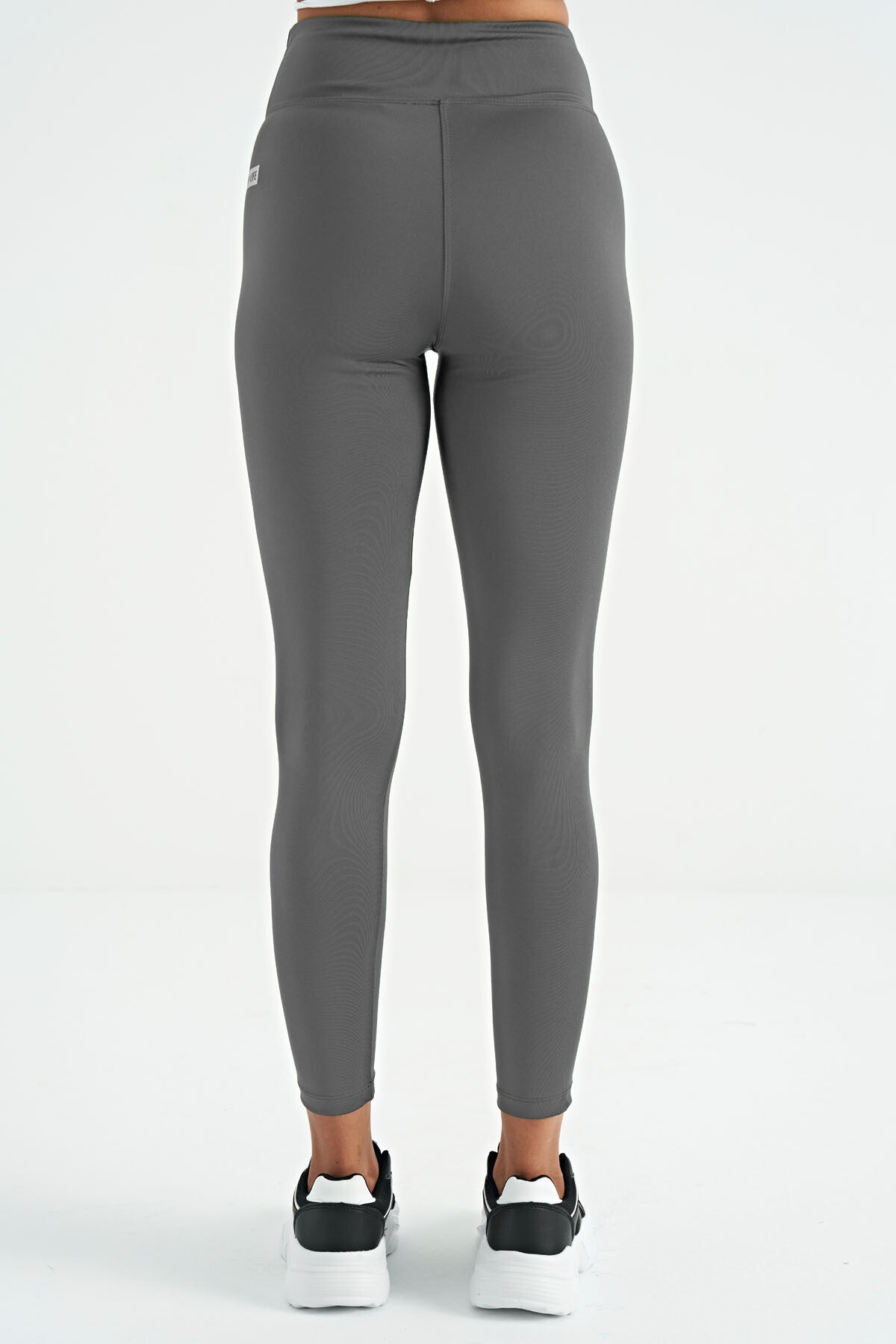 Image of Koyu Gri Logo Baskı Detaylı Yüksek Bel Dalgıç Kumaş Slim Fit Kadın Tayt - 94627