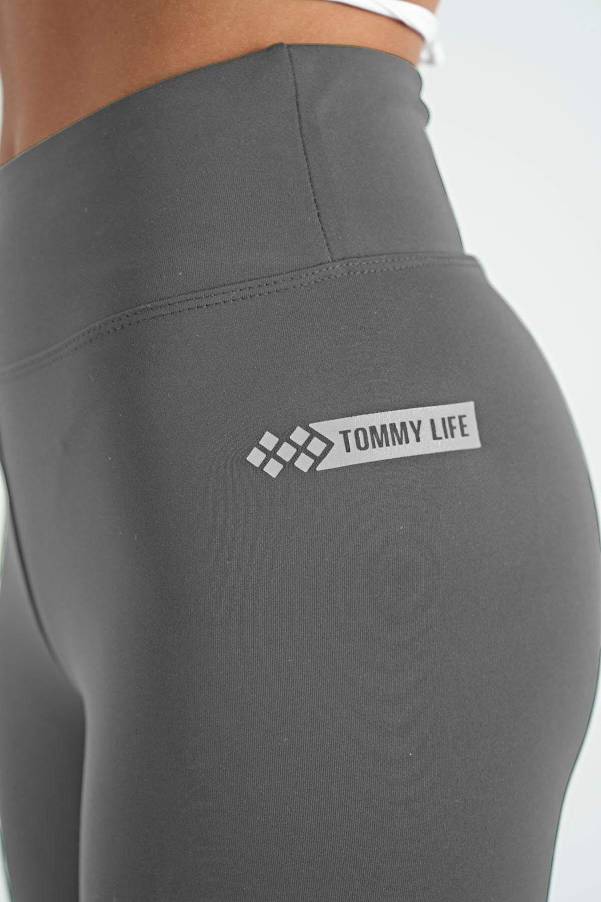 Image of Colanți gri închis cu imprimeu de logo, talie înaltă, croială slim fit, din material Scuba, pentru femei - 94627