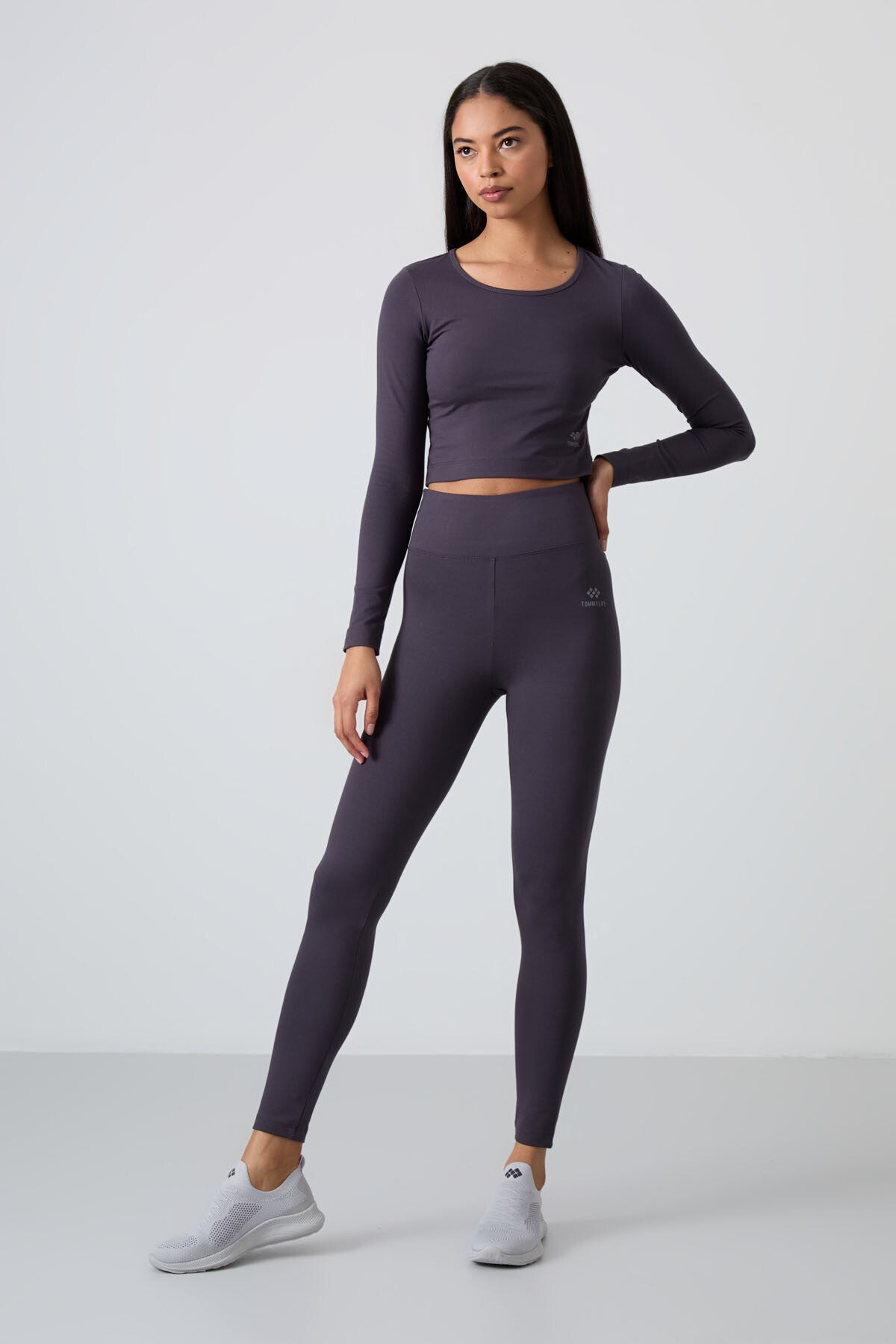 Image of Antrasit Yüksek Bel Uzun Kollu Slim Fit Crop Top Kadın Tayt Takım - 95286