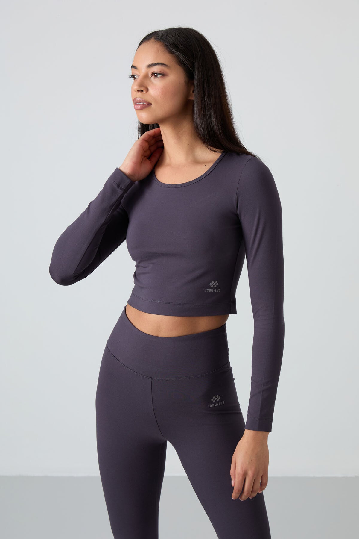 Image of Antrasit Yüksek Bel Uzun Kollu Slim Fit Crop Top Kadın Tayt Takım - 95286