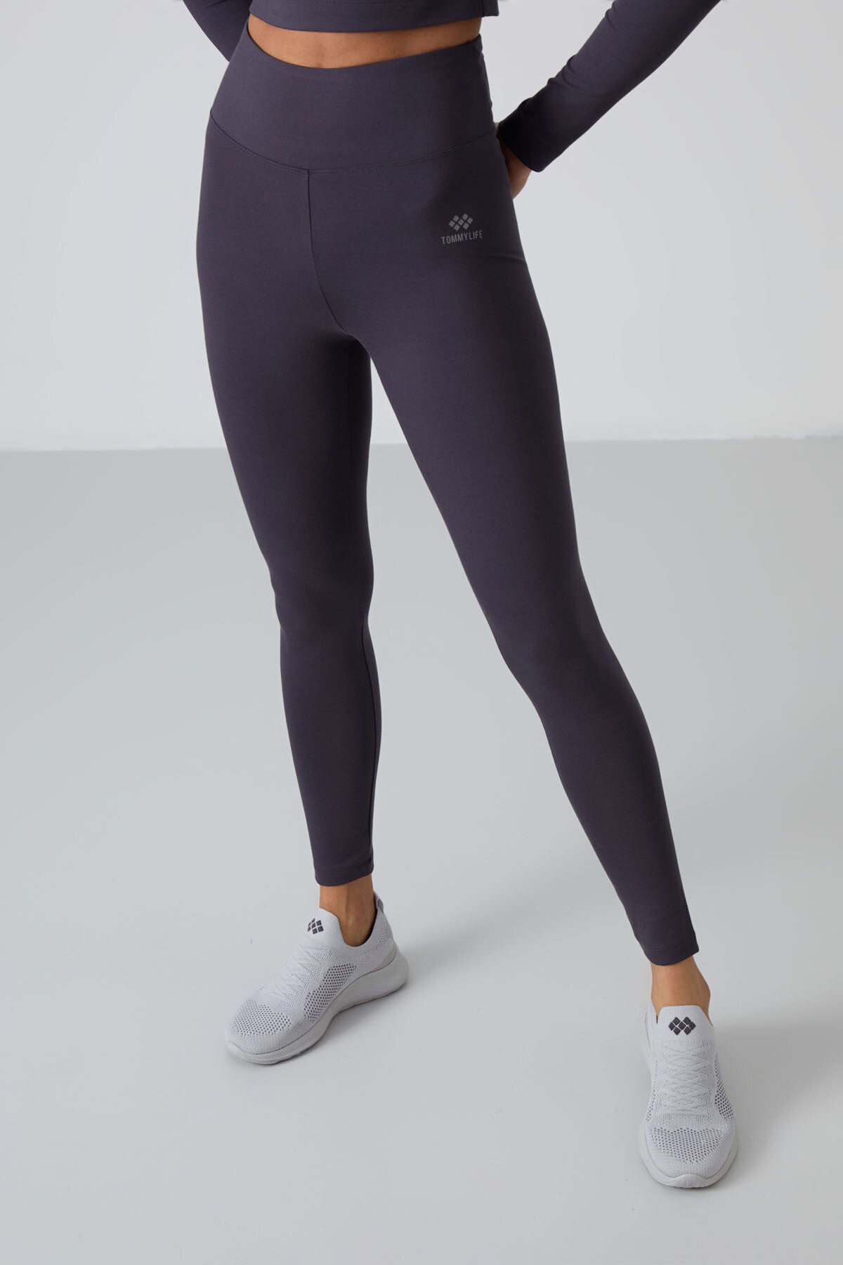 Image of Antrasit Yüksek Bel Uzun Kollu Slim Fit Crop Top Kadın Tayt Takım - 95286