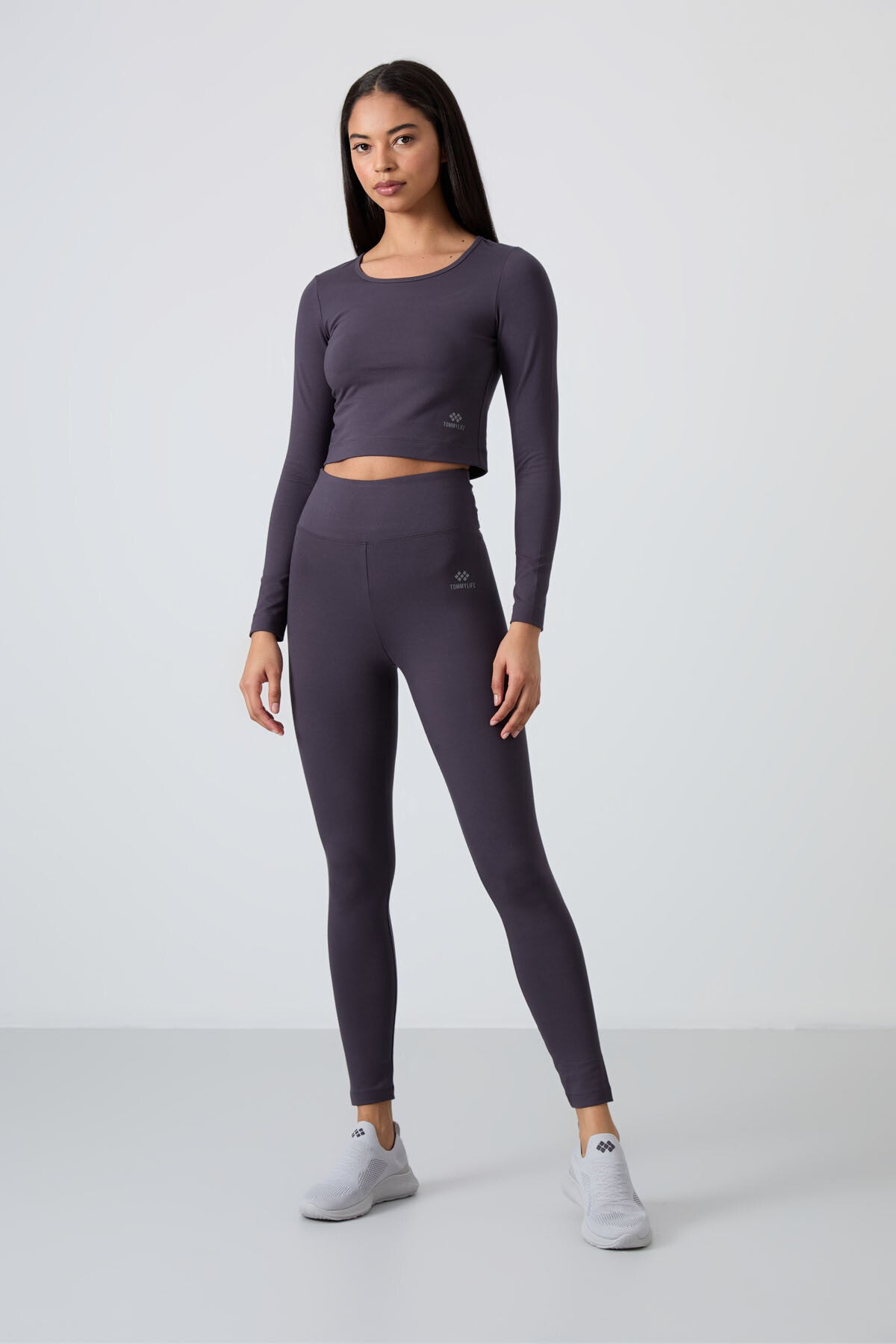 Image of Antrasit Yüksek Bel Uzun Kollu Slim Fit Crop Top Kadın Tayt Takım - 95286
