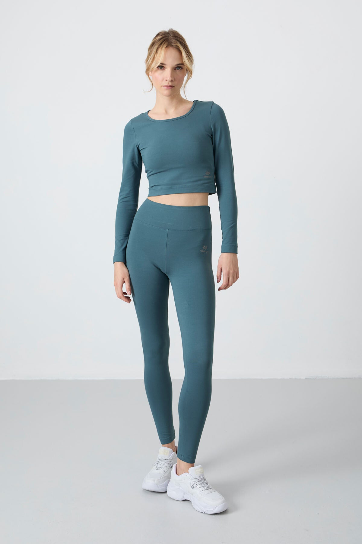 Image of Orman Yeşili Yüksek Bel Uzun Kollu Slim Fit Crop Top Kadın Tayt Takım - 95286